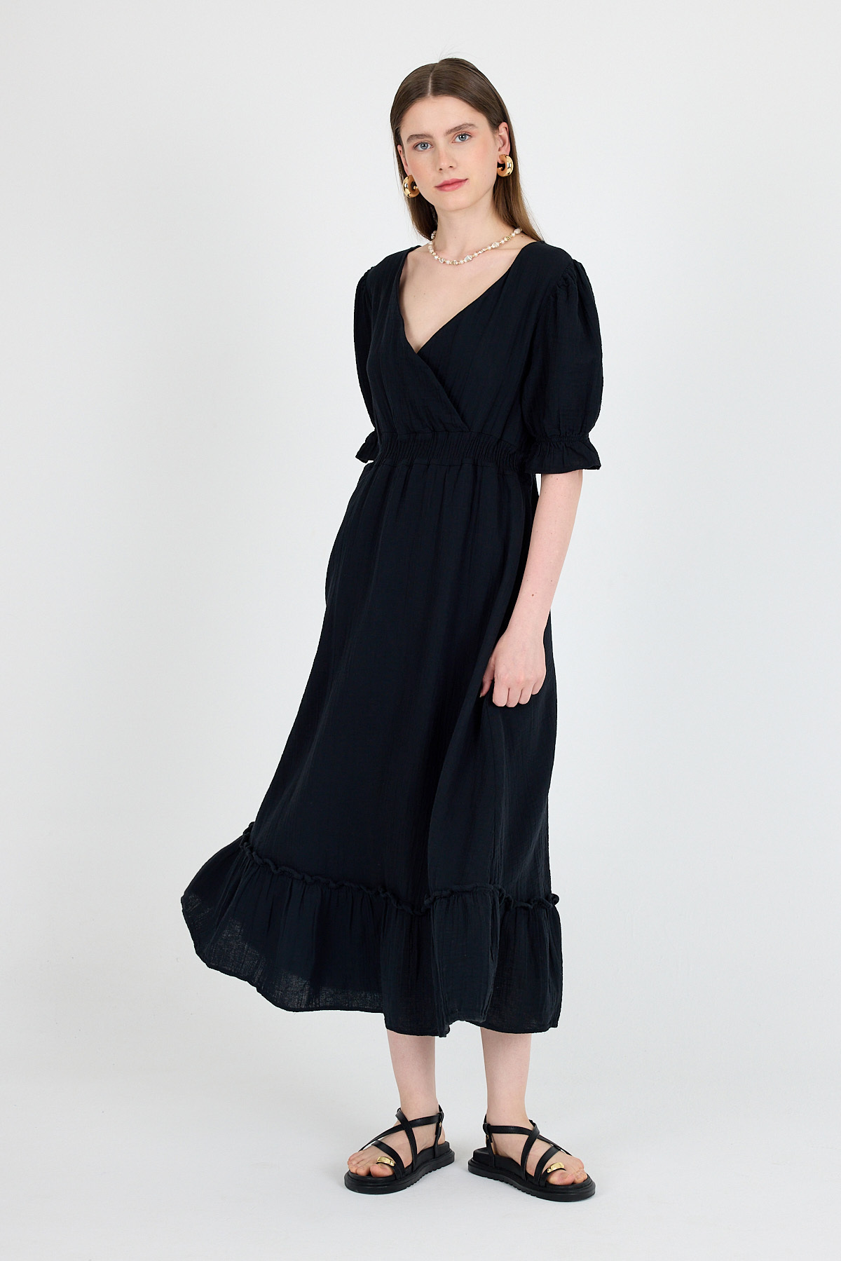 Siyah %100 Pamuk Müslin V Yaka Bel Lastikli Midi Elbise 4780A - 6