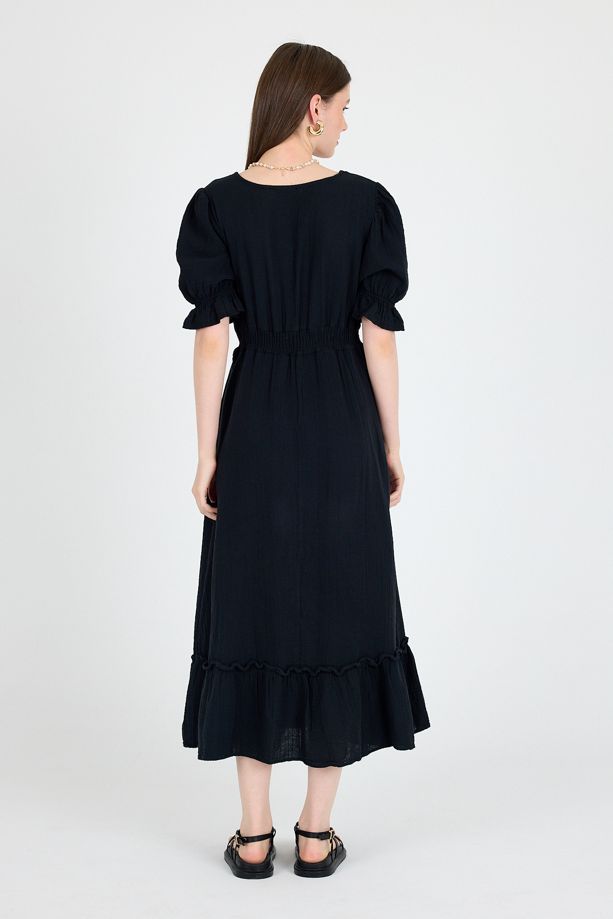 Siyah %100 Pamuk Müslin V Yaka Bel Lastikli Midi Elbise 4780A - 5