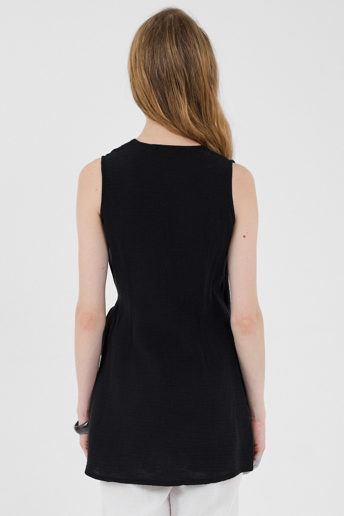 Siyah %100 Pamuk Müslin Yandan Bağlamalı Kuşaklı Yelek 8017A - 5