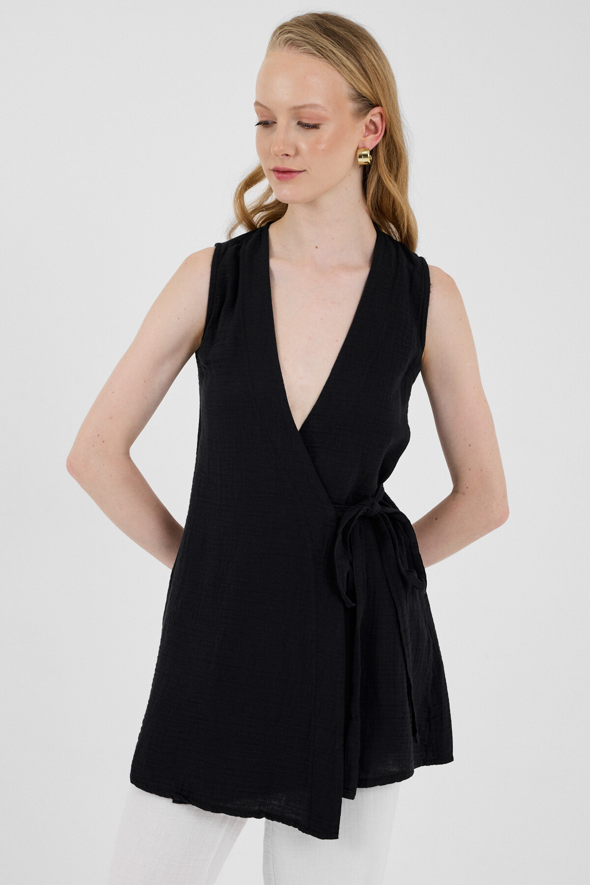 Siyah %100 Pamuk Müslin Yandan Bağlamalı Kuşaklı Yelek 8017A - 6