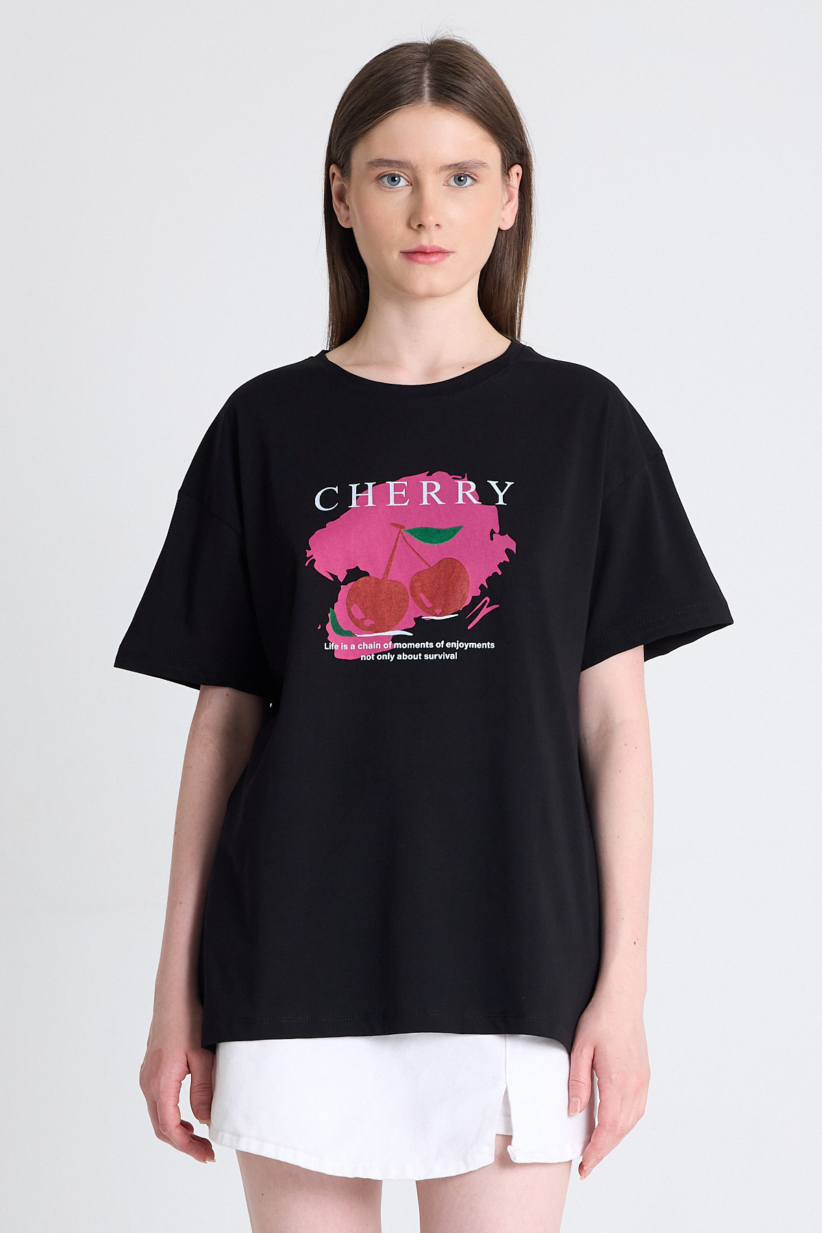 Siyah %100 Pamuk Yazı Baskılı Tişört 2150-15M - 2