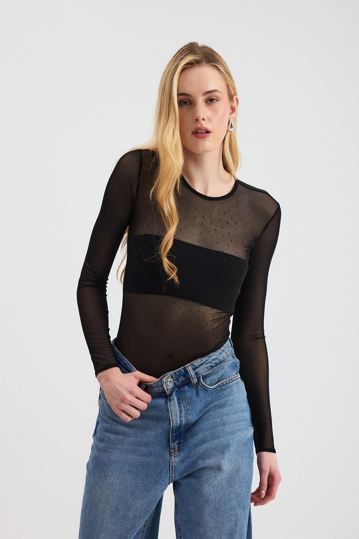 Siyah-2116 Taş Detay Transparan Çıtçıtlı Zıbın Bluz - 2