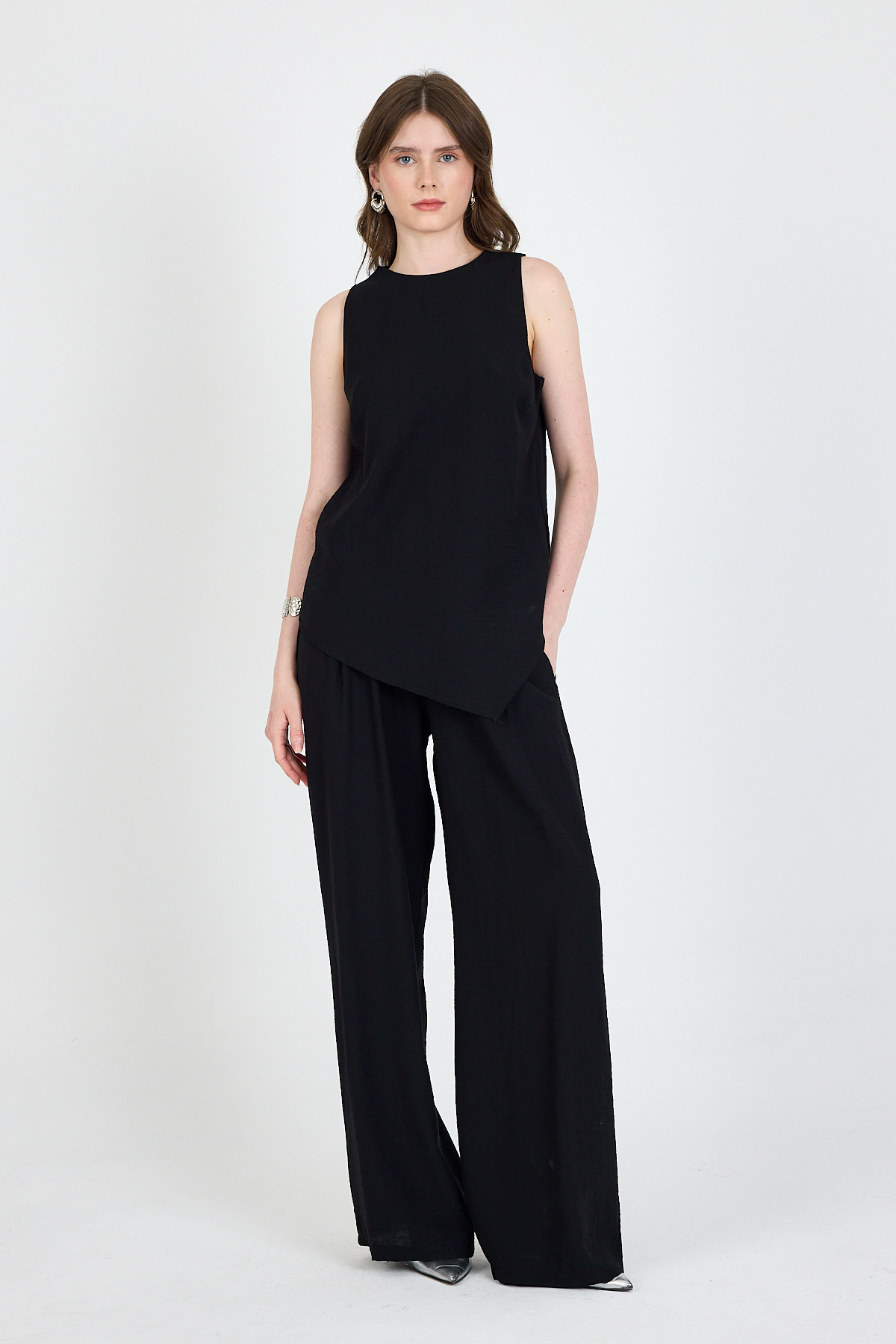 Siyah Asimetrik Kesim Bluz Pantolon İkili Takım 5219 