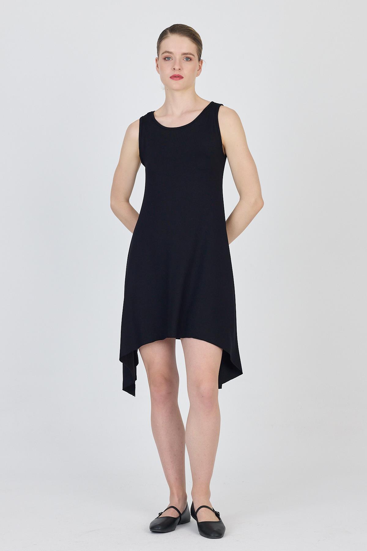 Siyah Asimetrik Kesim Kolsuz Elbise 4034 - RAYS