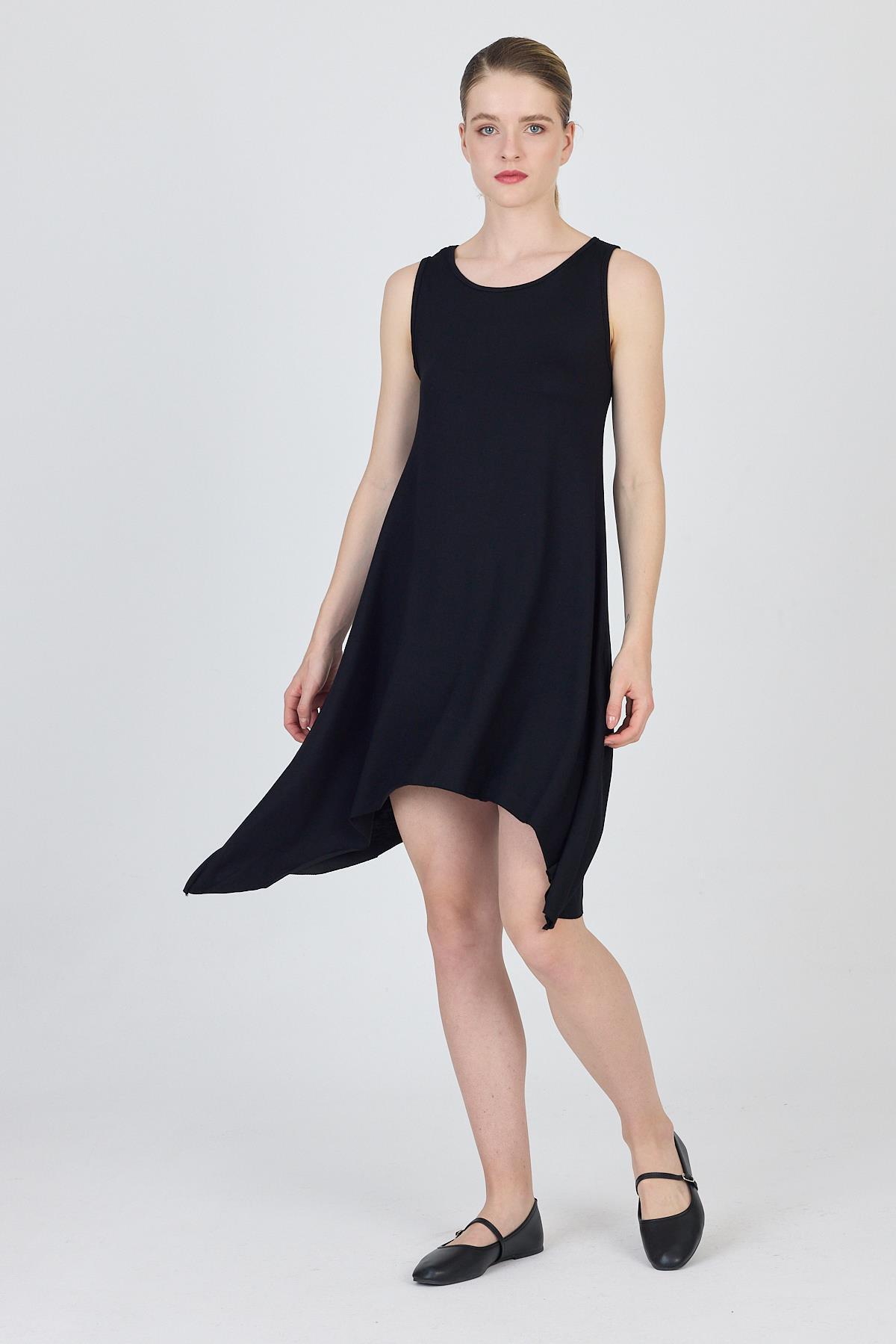 Siyah Asimetrik Kesim Kolsuz Elbise 4034 - 8