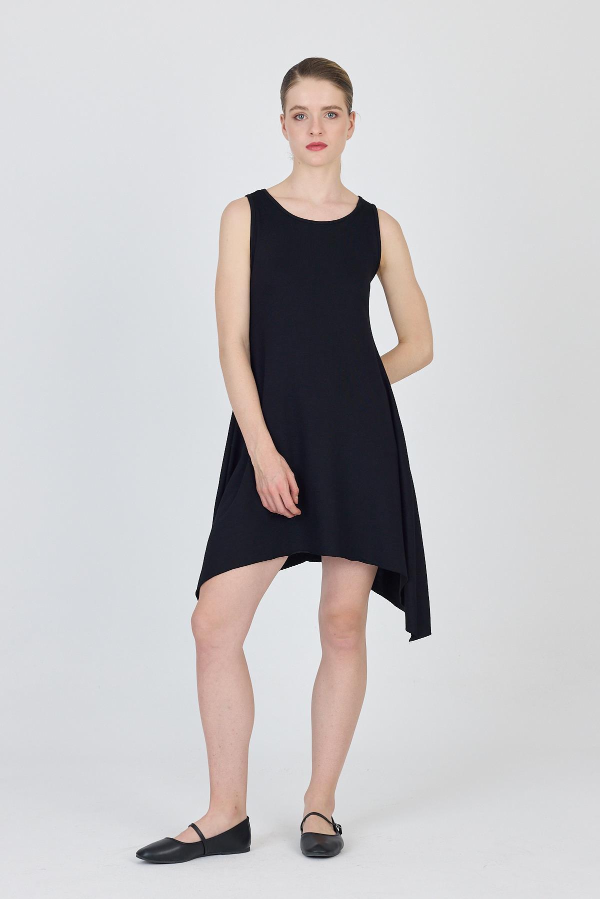 Siyah Asimetrik Kesim Kolsuz Elbise 4034 - 7