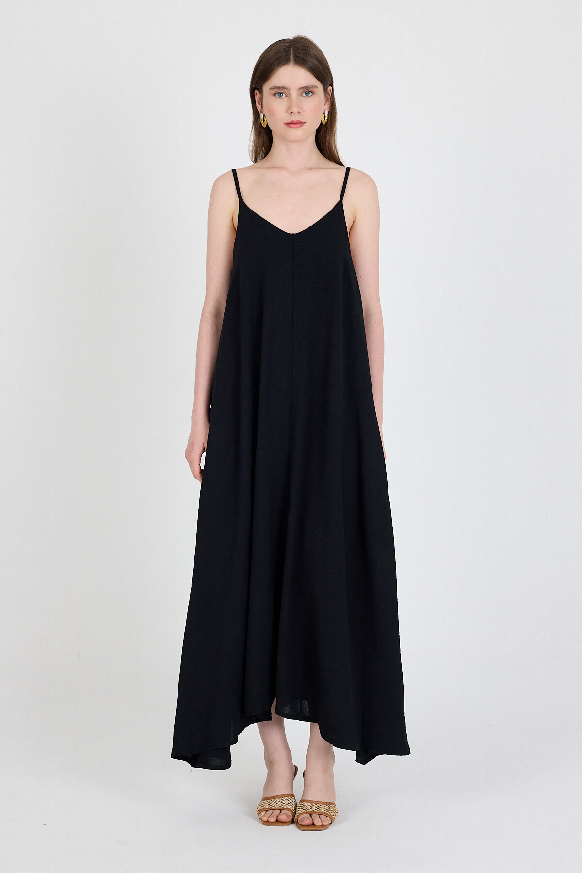 Siyah Askılı V Yaka Bol Kesim Dokuma Elbise 20003 - 2