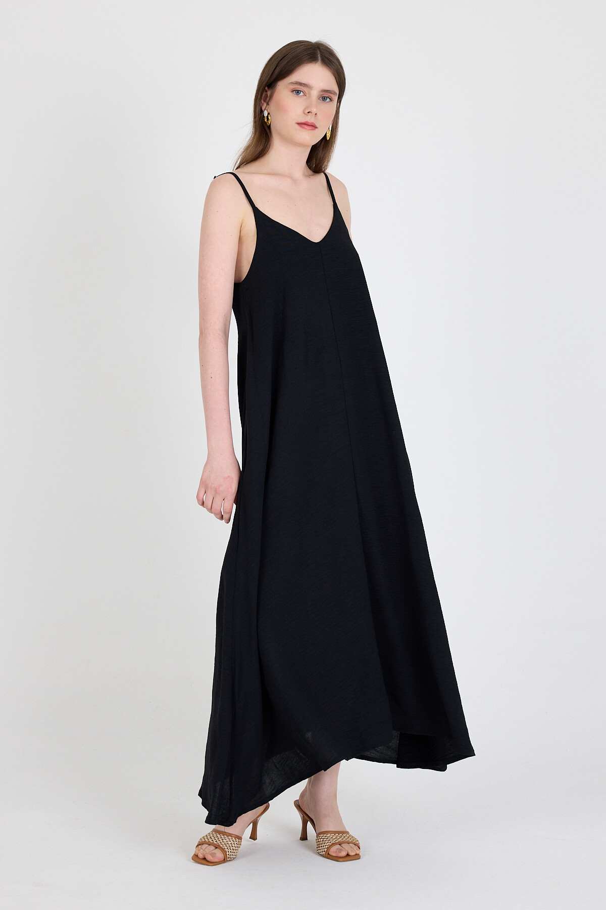 Siyah Askılı V Yaka Bol Kesim Dokuma Elbise 20003 - 6