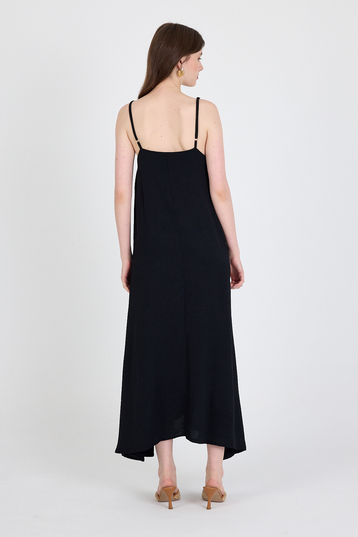 Siyah Askılı V Yaka Bol Kesim Dokuma Elbise 20003 - 5