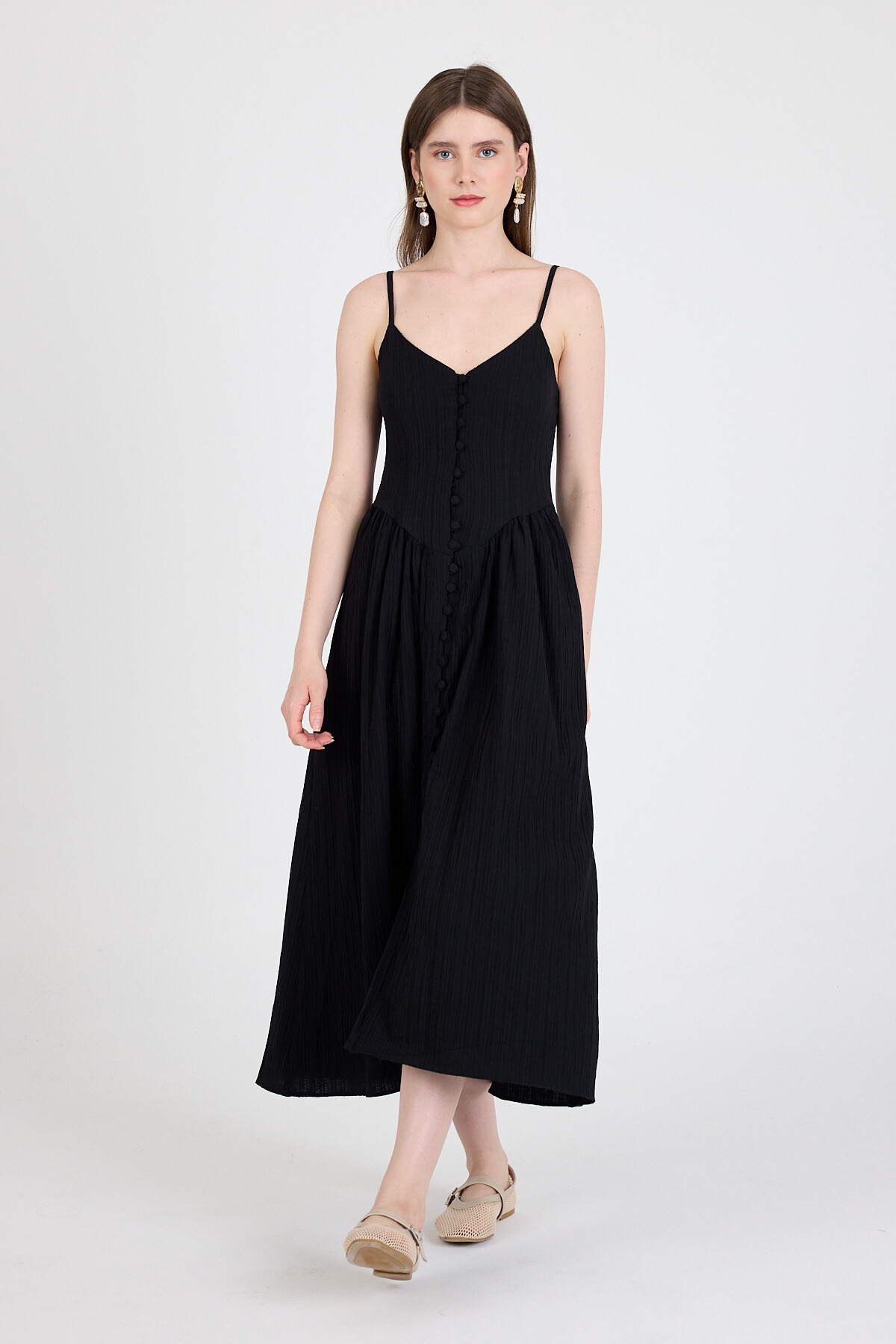 Siyah Askılı V Yaka Düğmeli Midi Elbise 2487 - 3