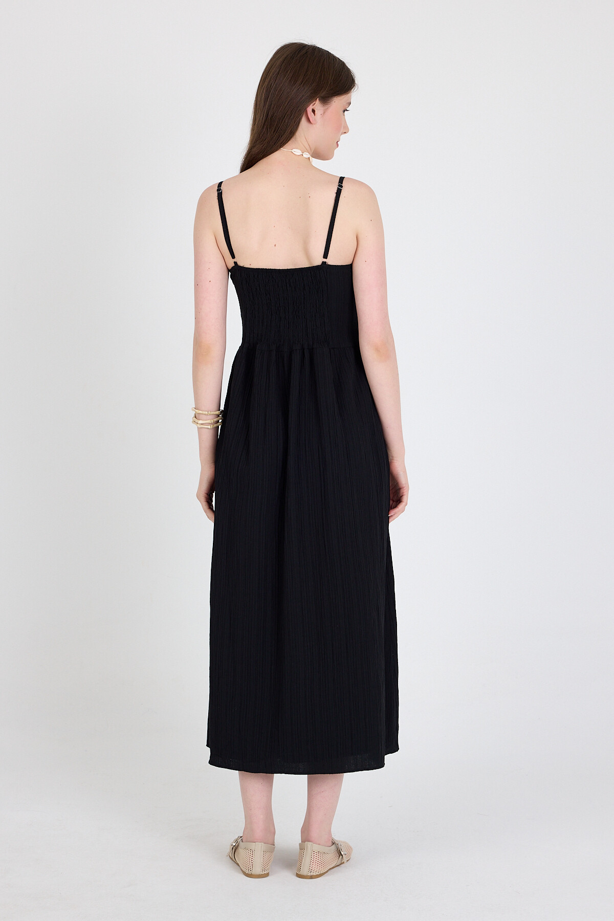 Siyah Askılı V Yaka Düğmeli Midi Elbise 2487 - 5