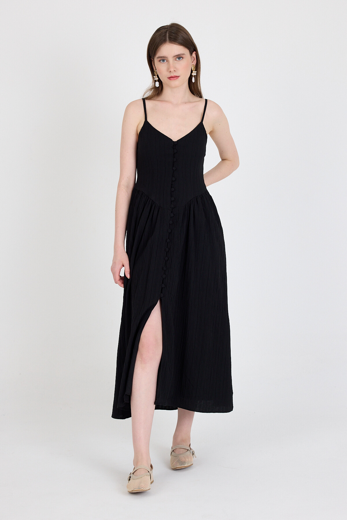 Siyah Askılı V Yaka Düğmeli Midi Elbise 2487 - 6