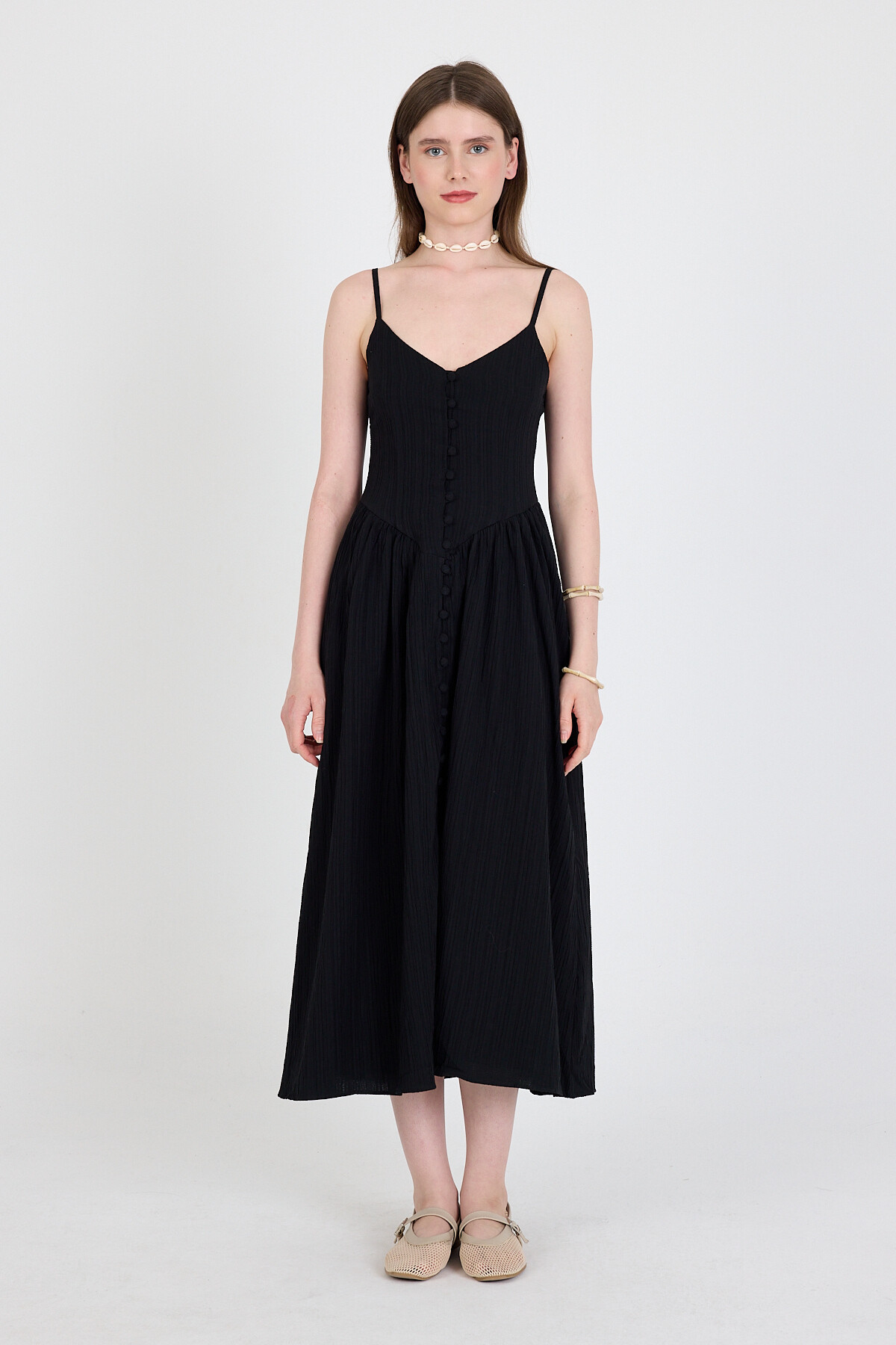 Siyah Askılı V Yaka Düğmeli Midi Elbise 2487 - 1