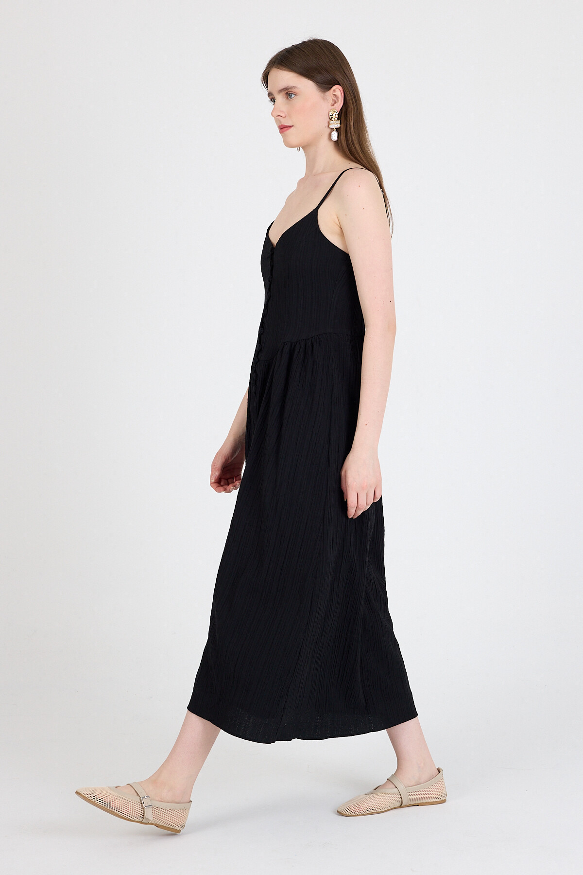 Siyah Askılı V Yaka Düğmeli Midi Elbise 2487 - 2