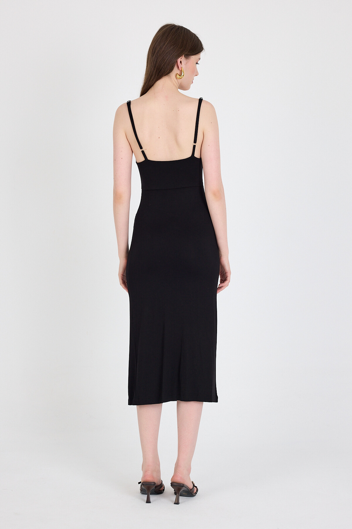 Siyah Askılı Yırtmaçlı Drape Detaylı Dokuma Elbise 21003 - 5