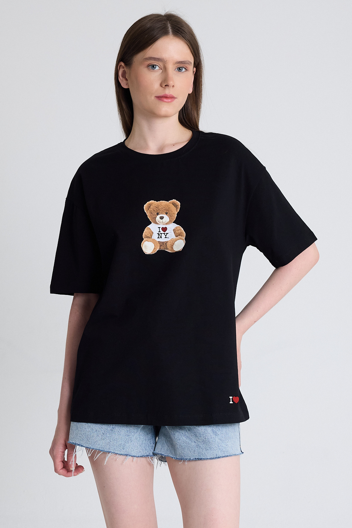 Siyah Ayı Baskılı Oversize Tişört 6402 - 6