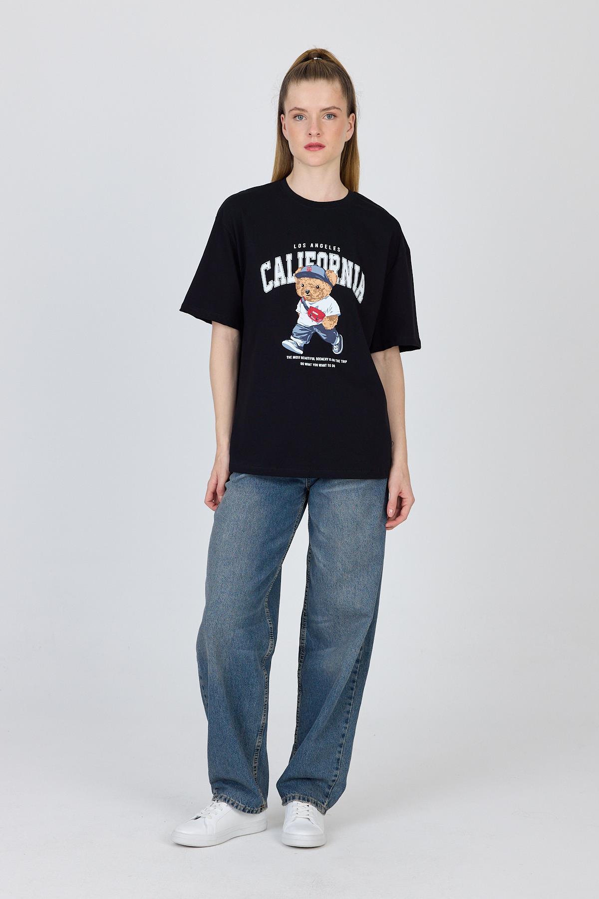 Siyah Ayı Baskılı Oversize Tişört 6559 - RAYS