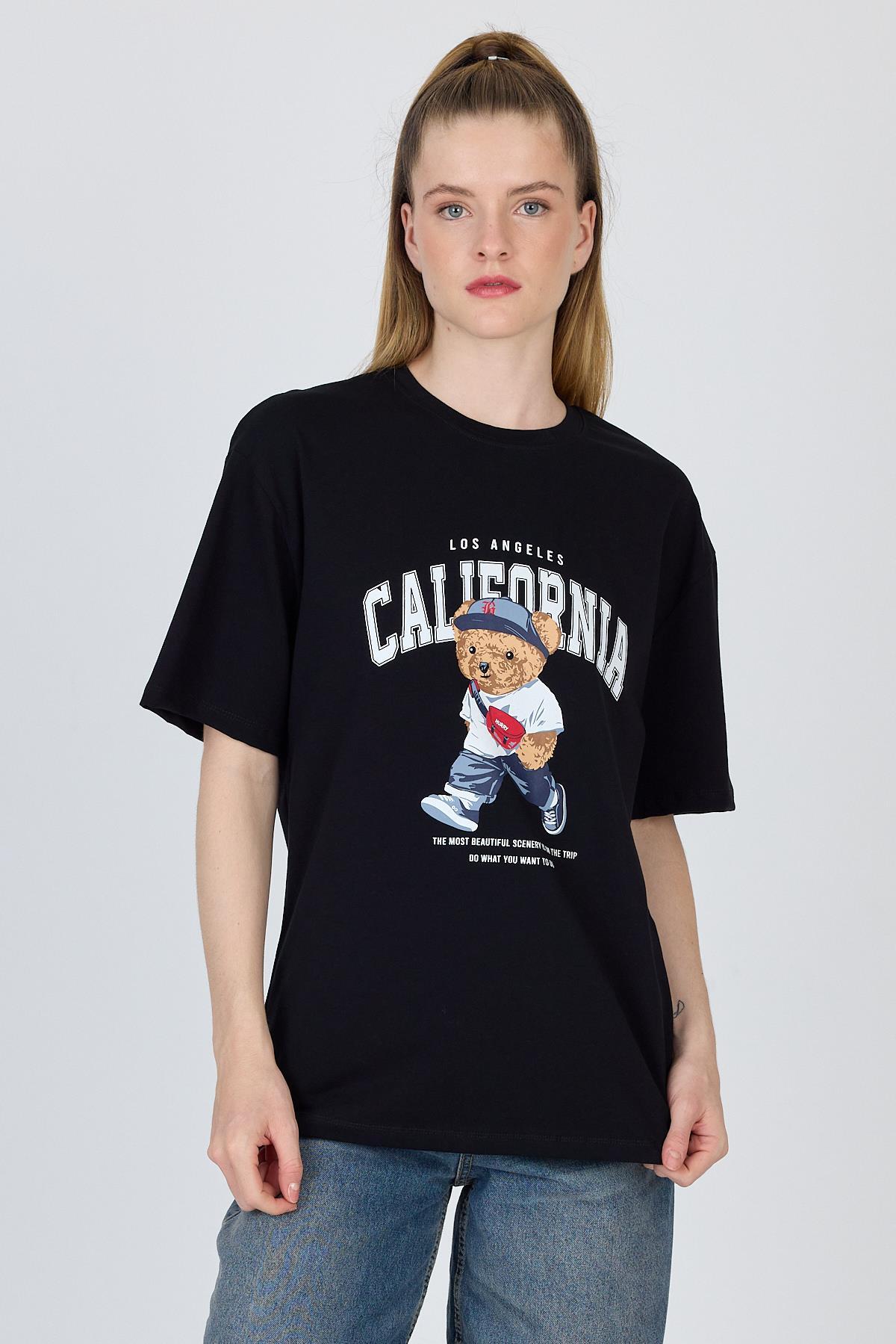 Siyah Ayı Baskılı Oversize Tişört 6559 - RAYS