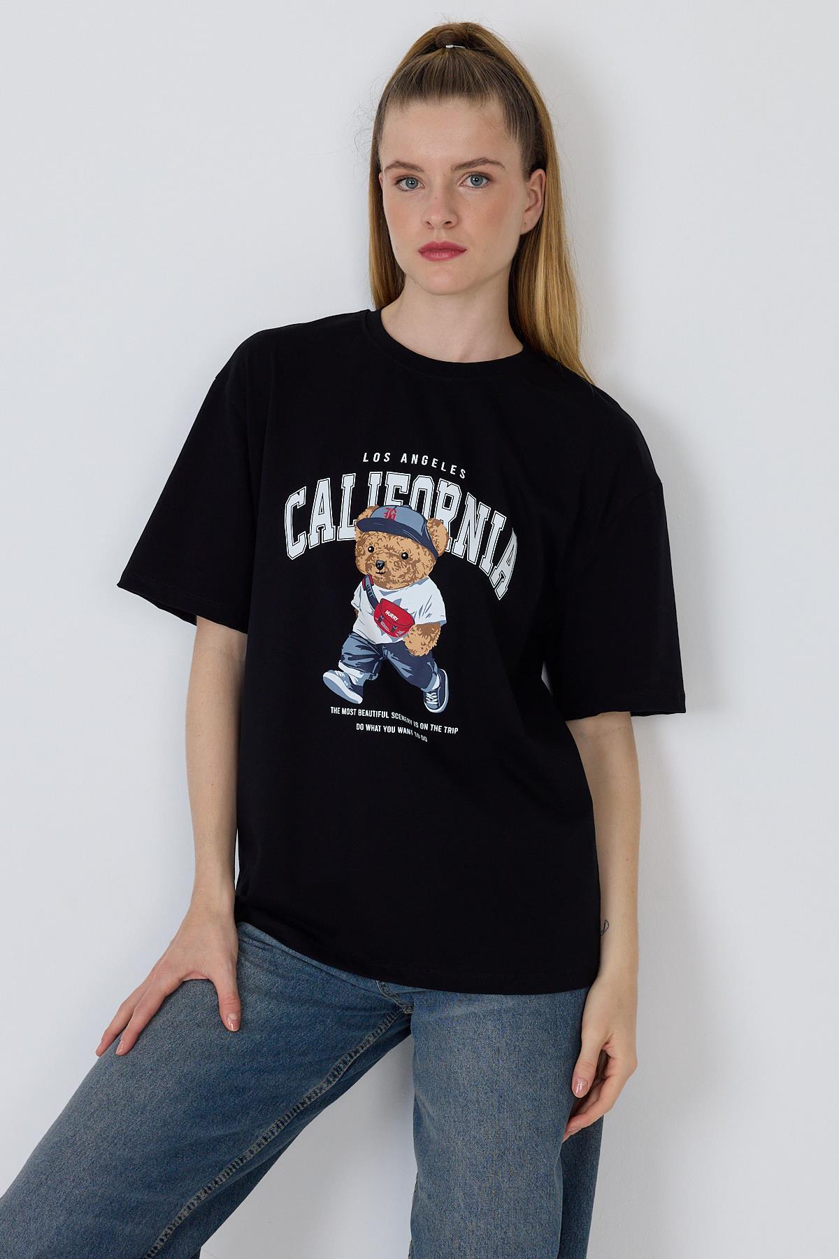 Siyah Ayı Baskılı Oversize Tişört 6559 - 6