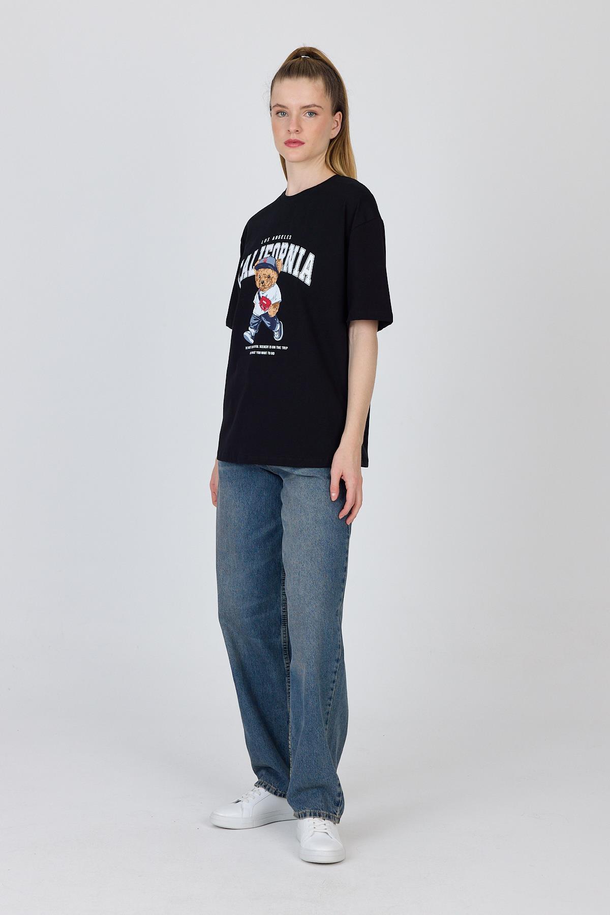 Siyah Ayı Baskılı Oversize Tişört 6559 - 7
