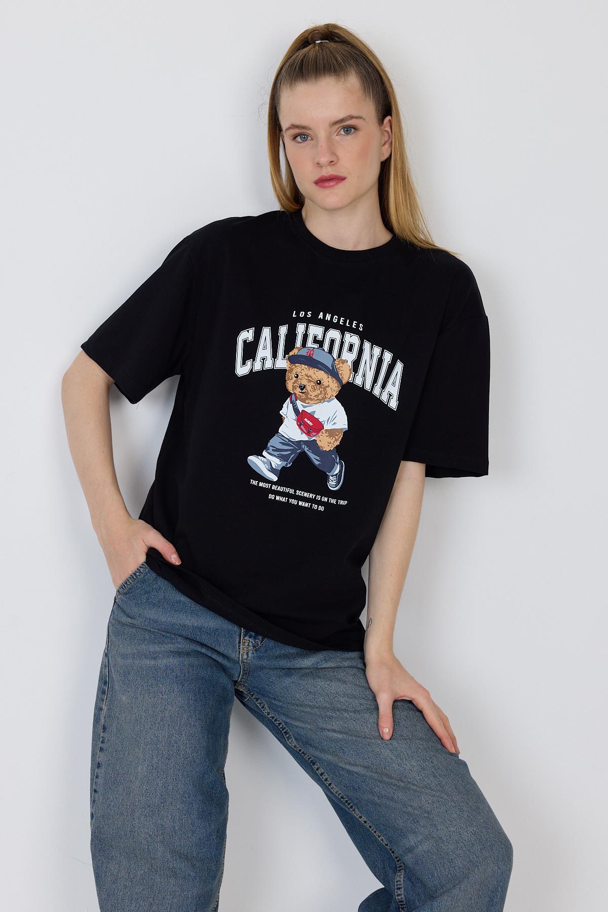 Siyah Ayı Baskılı Oversize Tişört 6559 