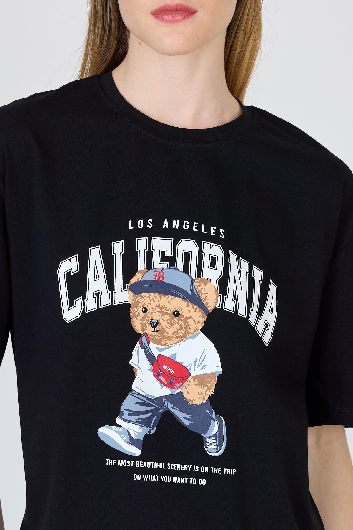 Siyah Ayı Baskılı Oversize Tişört 6559 - 4