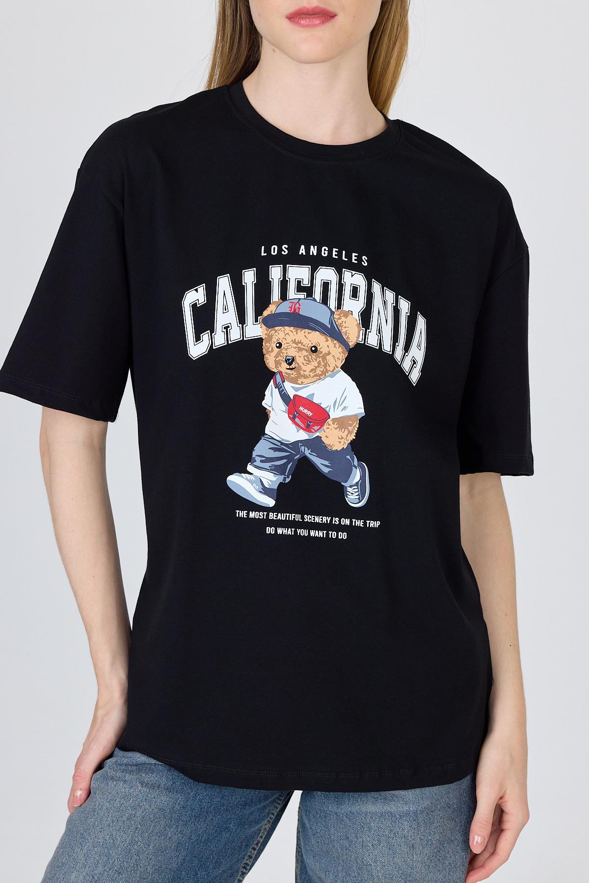 Siyah Ayı Baskılı Oversize Tişört 6559 - 8