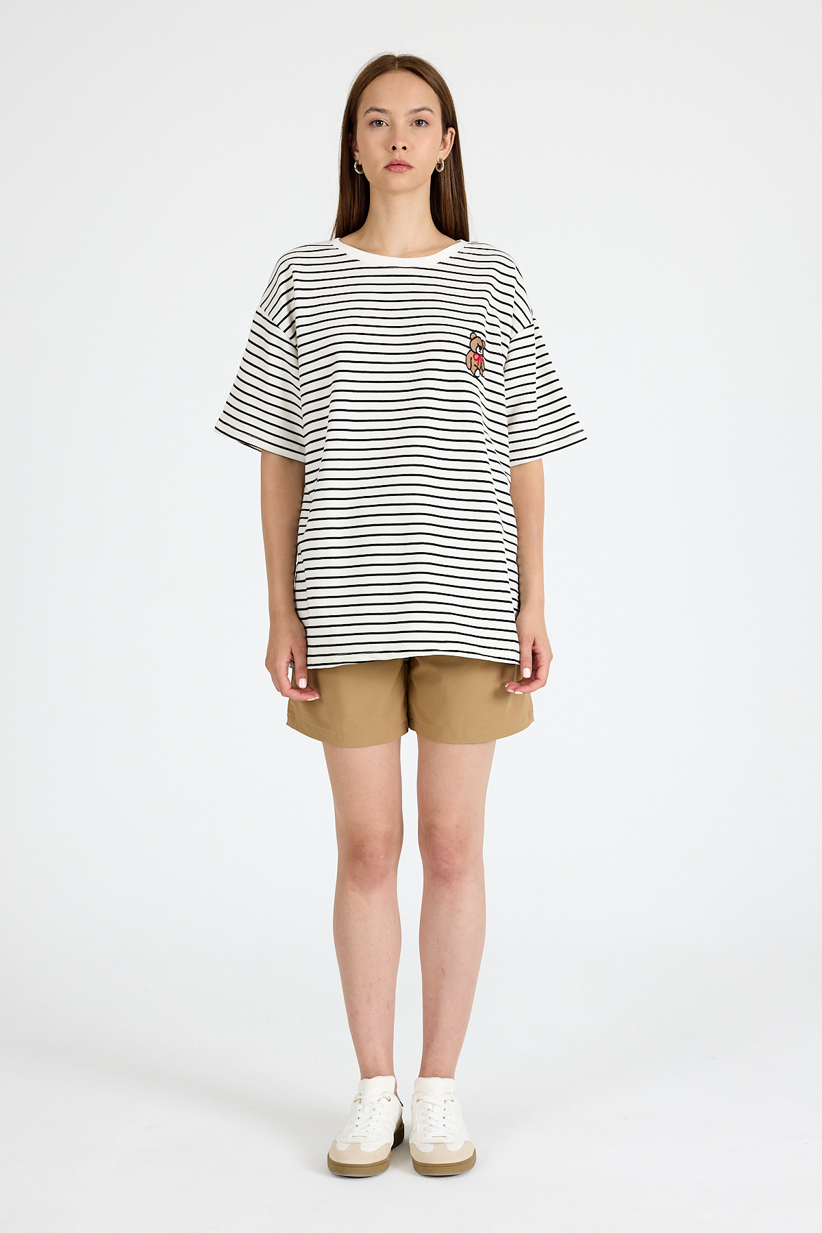 Siyah Ayı Nakışlı Çizgili Oversize Tişört 3083 - 3