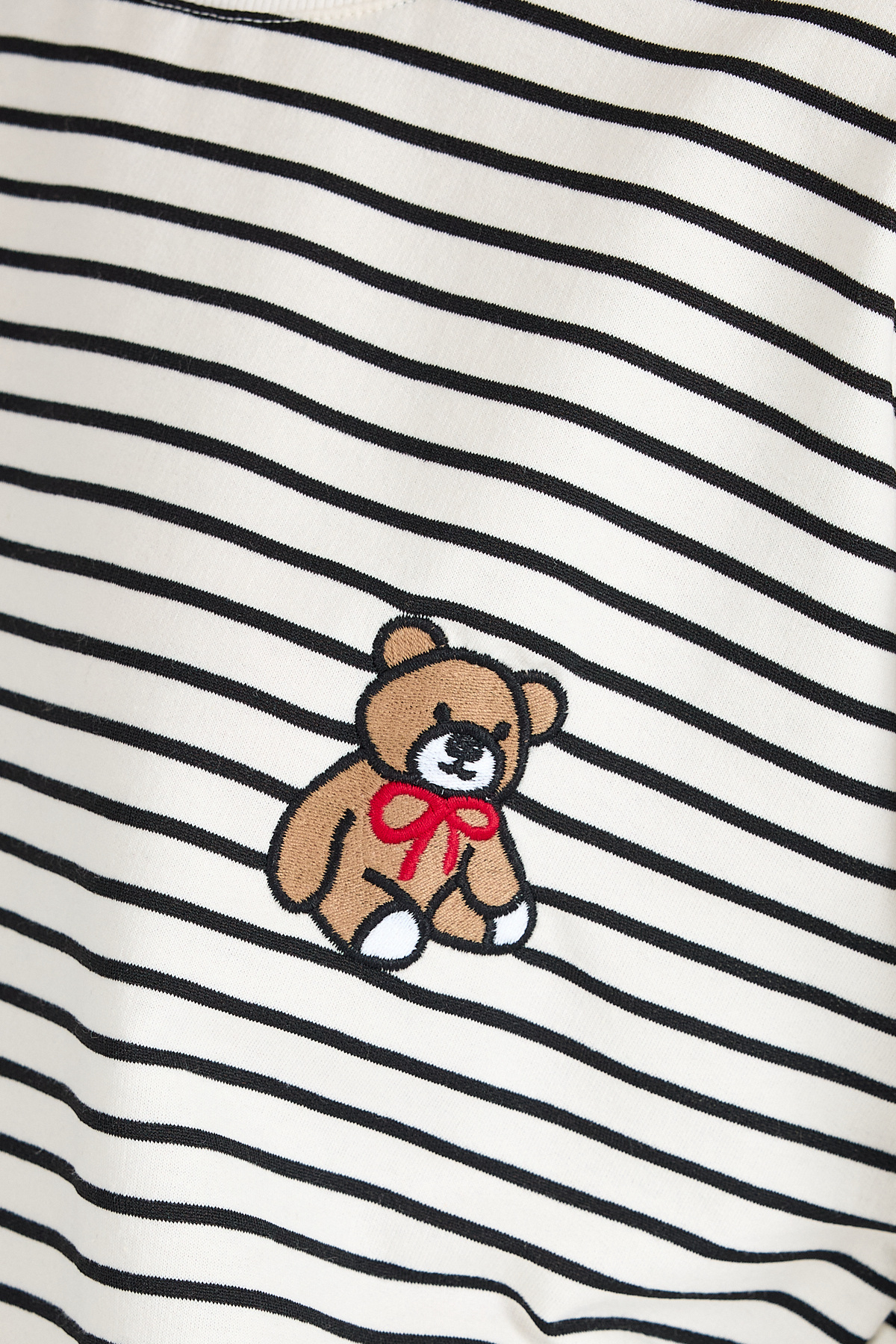 Siyah Ayı Nakışlı Çizgili Oversize Tişört 3083 - RAYS