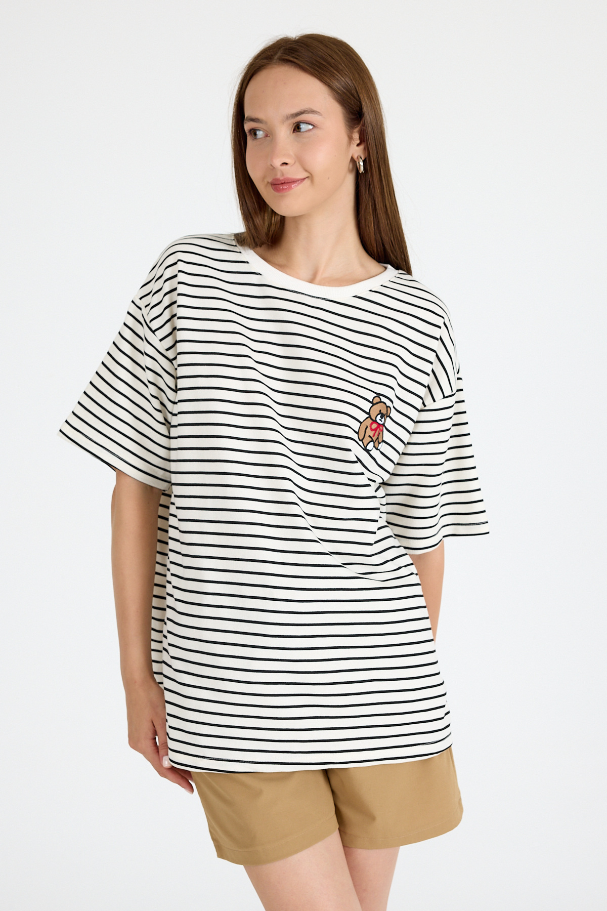 Siyah Ayı Nakışlı Çizgili Oversize Tişört 3083 - 6