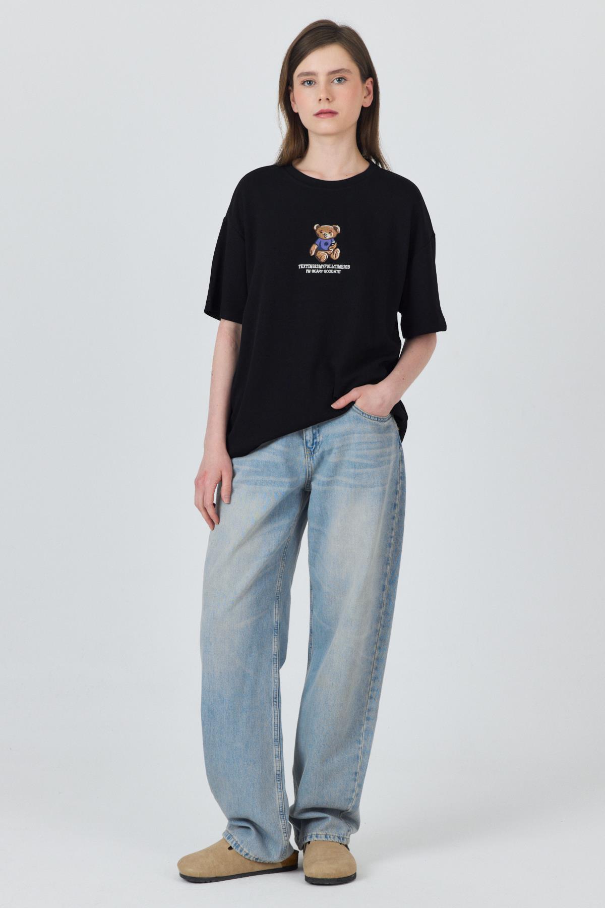 Siyah Ayıcık Baskılı Bisiklet Yaka Oversize Tişört 5530 - 6