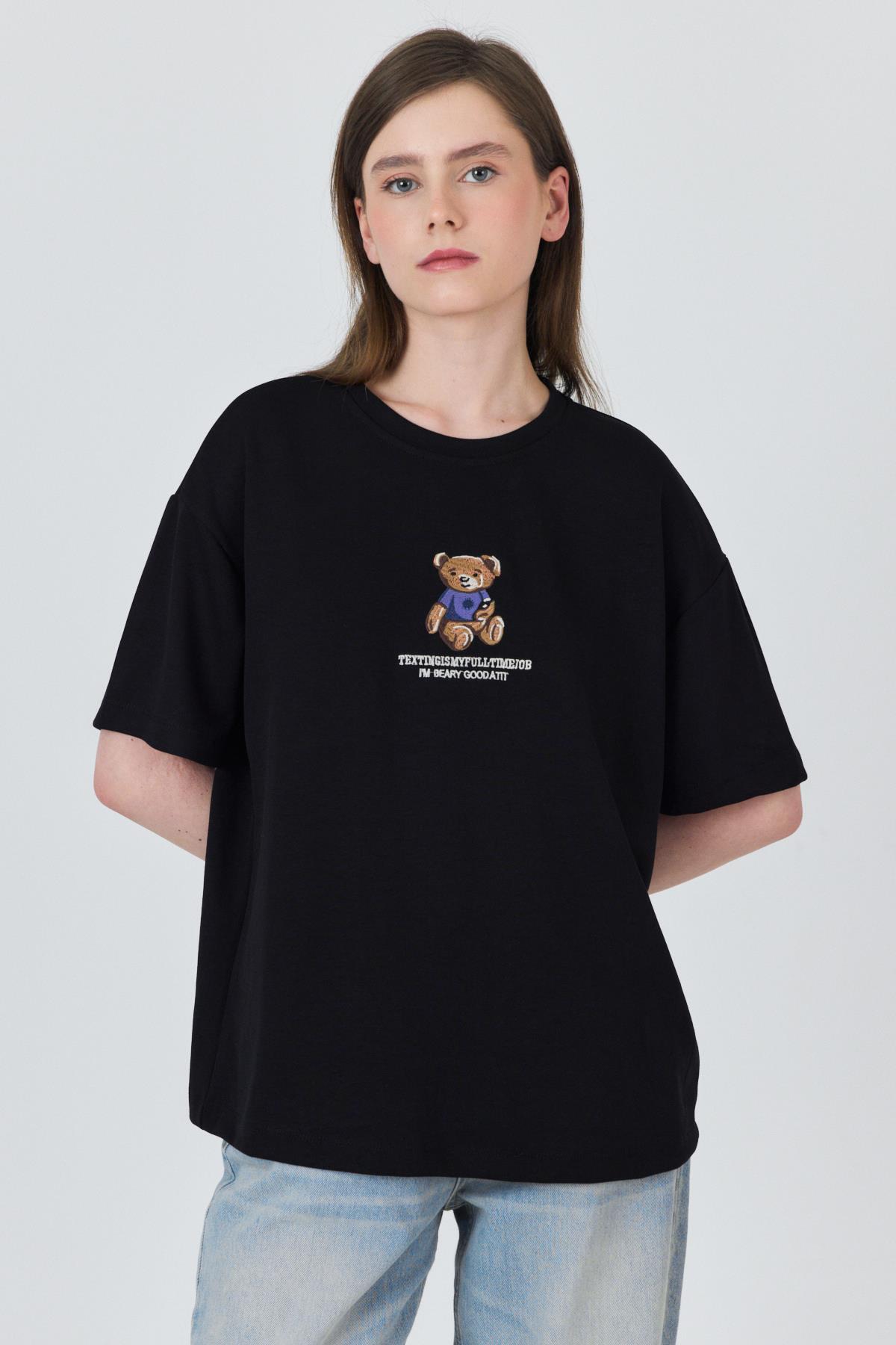 Siyah Ayıcık Baskılı Bisiklet Yaka Oversize Tişört 5530 - 7