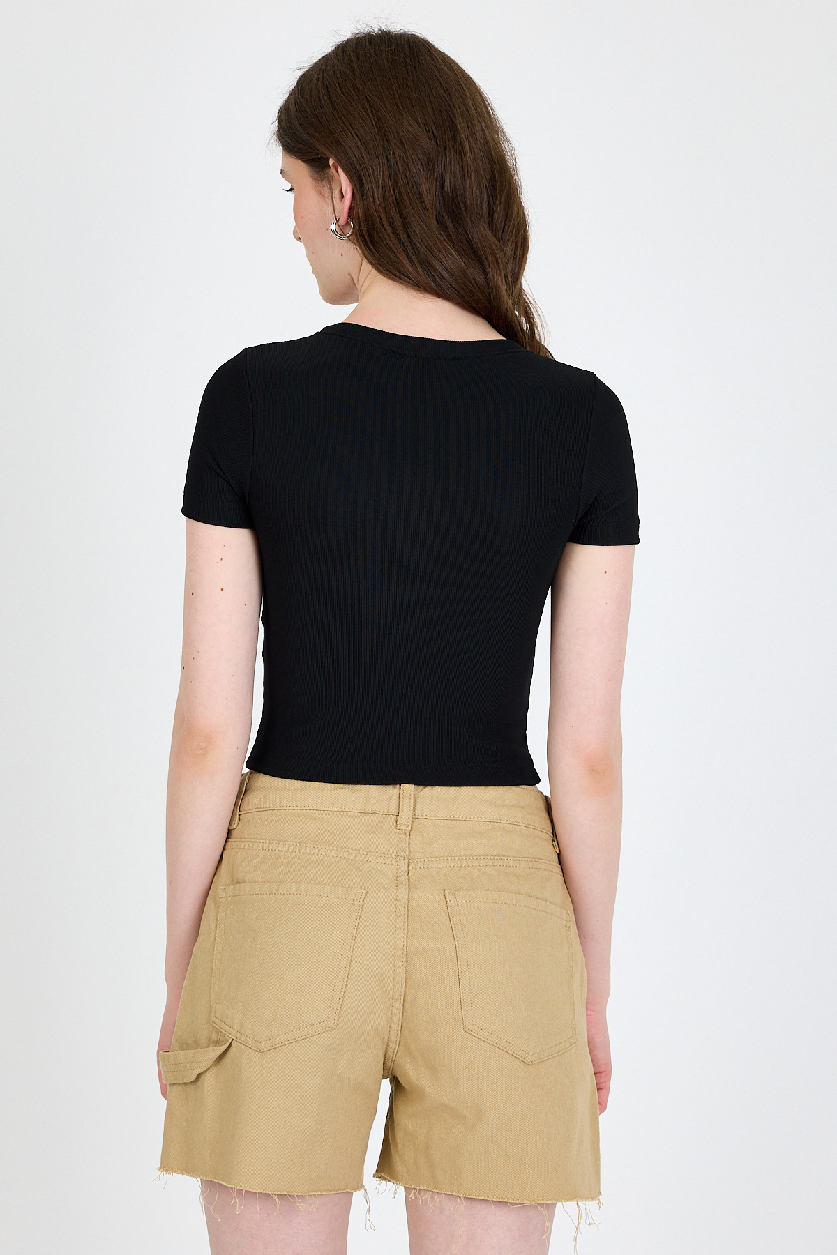 Siyah Ayıcık Baskılı Leopar Detaylı Slim Fit Crop Tişört 0549 - 5