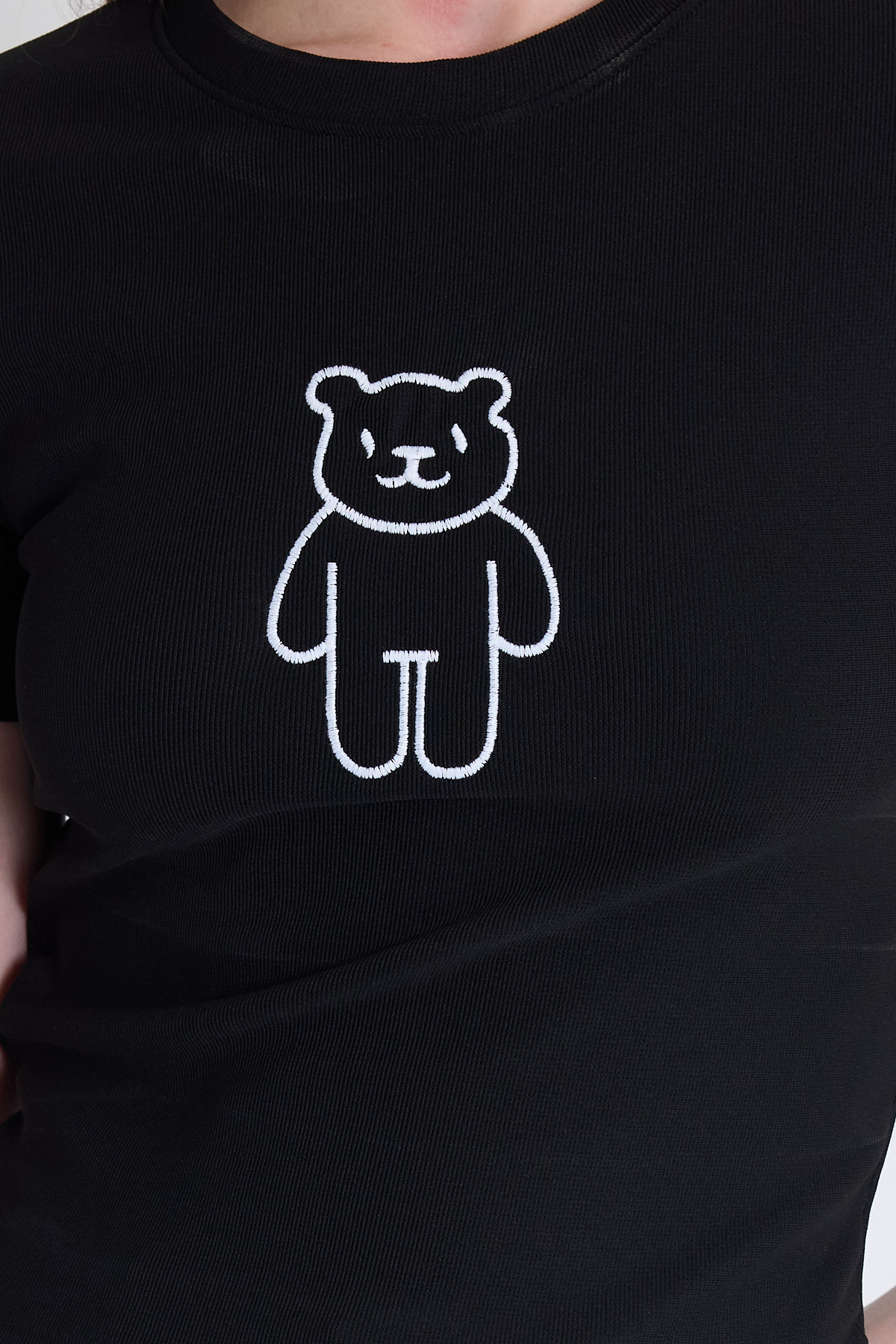 Siyah Ayıcık İşlemeli Slim Fit Crop Tişört 2217 - RAYS