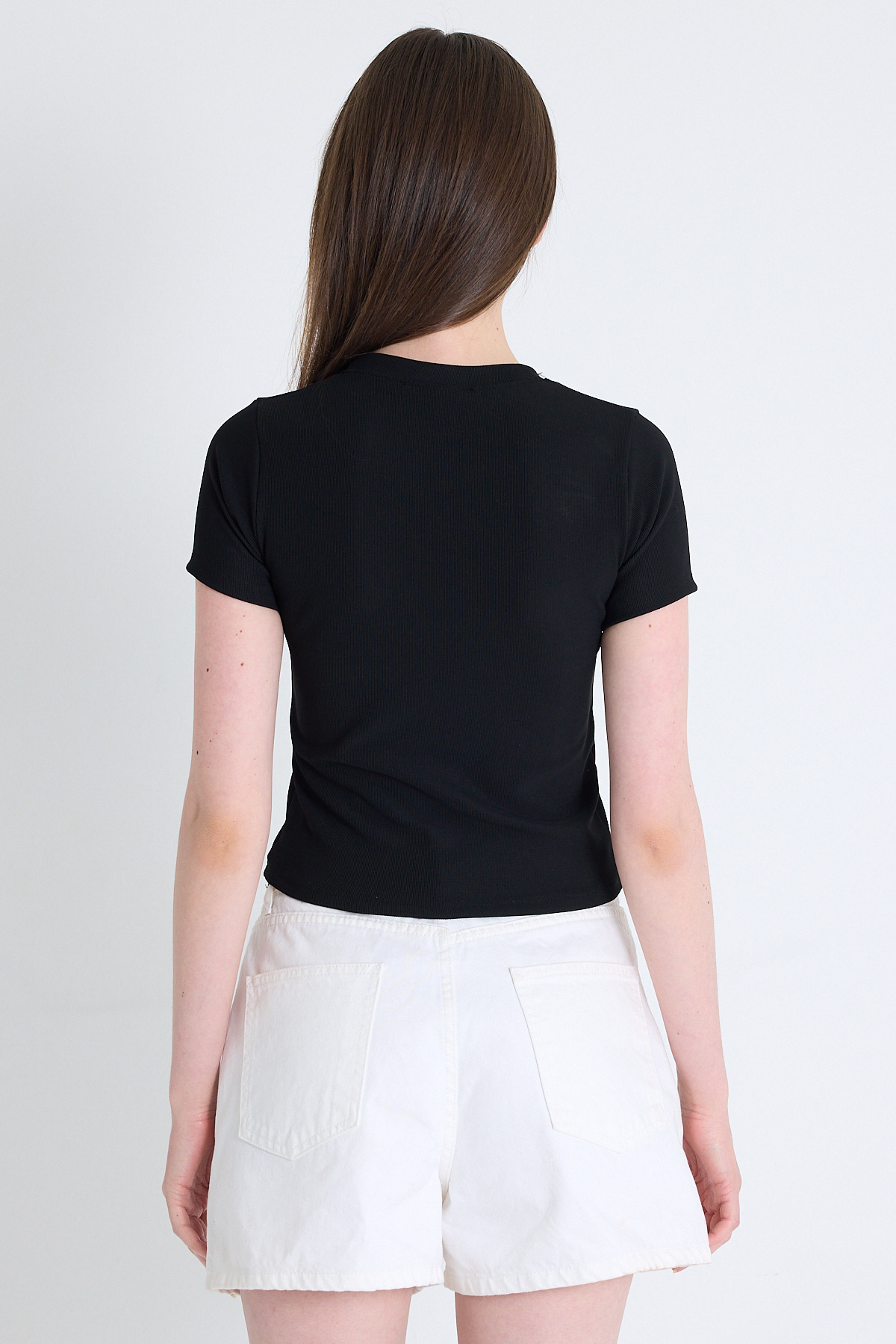 Siyah Ayıcık İşlemeli Slim Fit Crop Tişört 2217 - 5