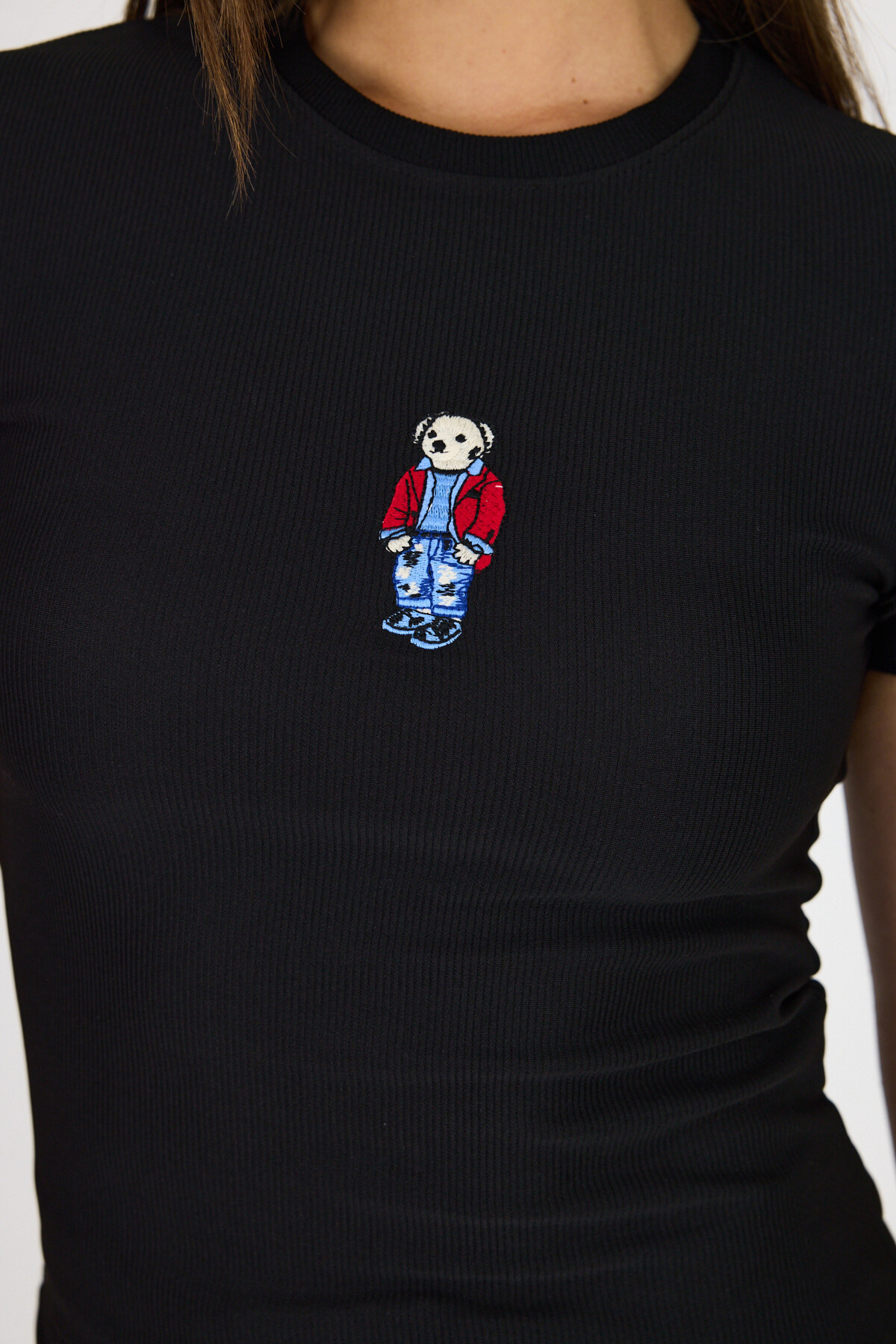 Siyah Ayıcık Nakış İşlemeli Crop Tişört 9203M - 4