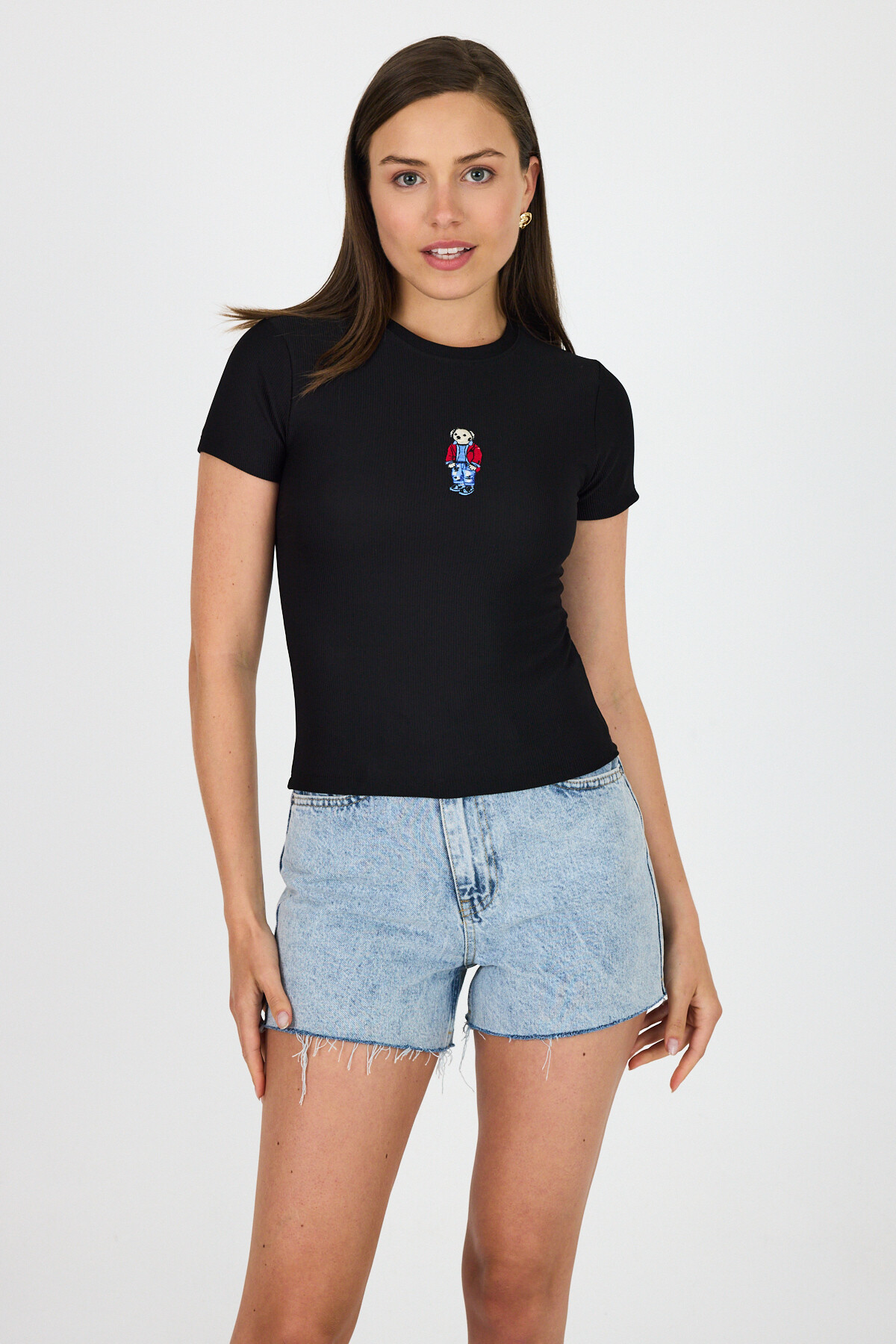 Siyah Ayıcık Nakış İşlemeli Crop Tişört 9203M - 7