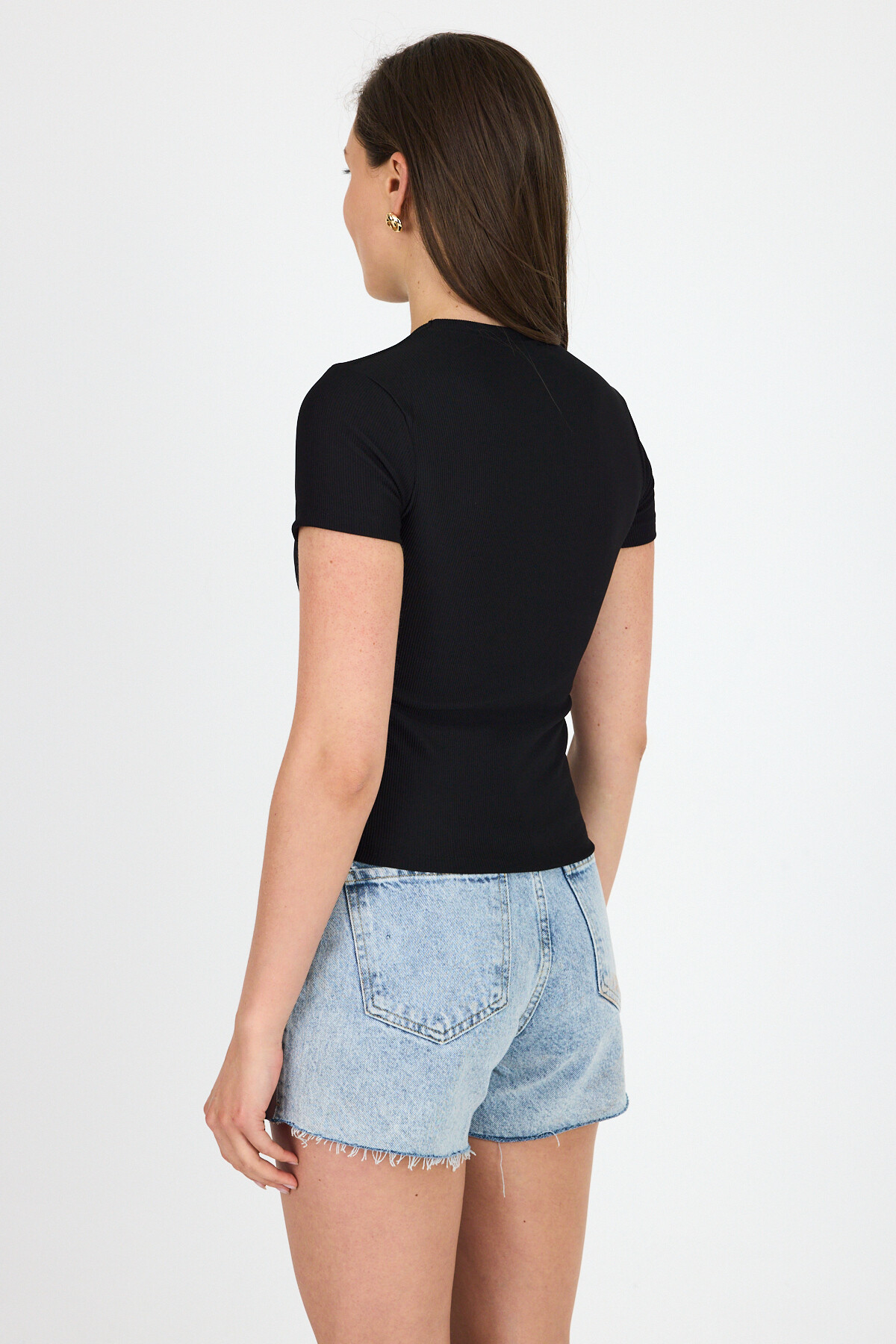 Siyah Ayıcık Nakış İşlemeli Crop Tişört 9203M - 5