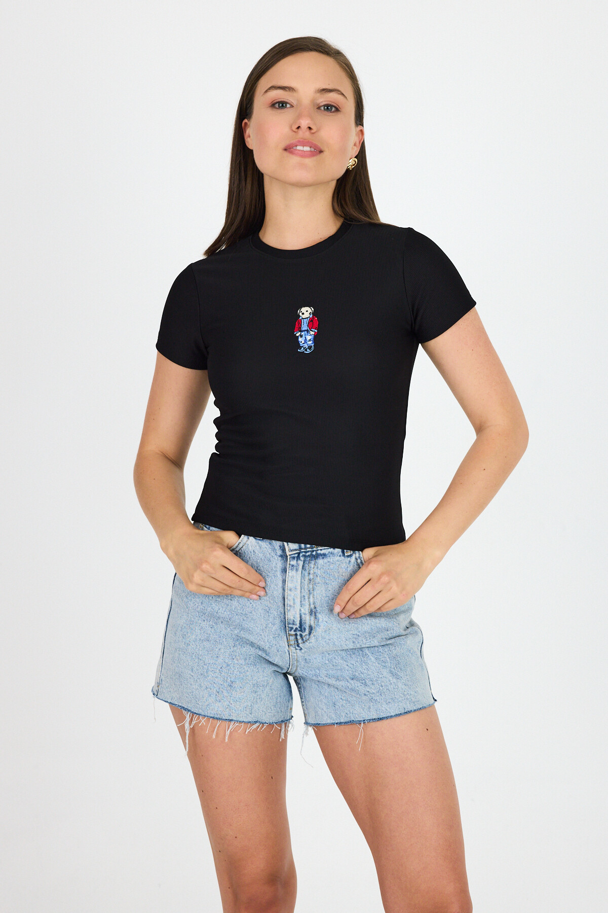 Siyah Ayıcık Nakış İşlemeli Crop Tişört 9203M 