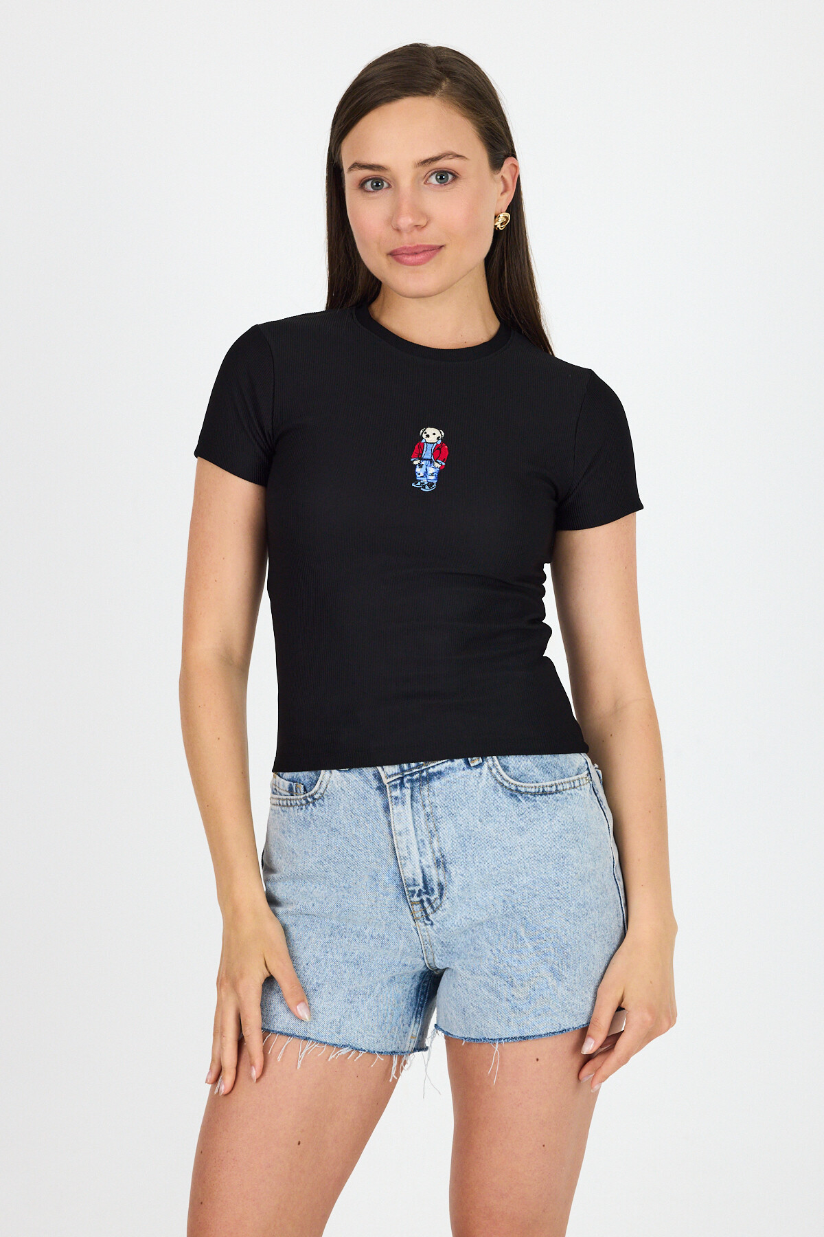Siyah Ayıcık Nakış İşlemeli Crop Tişört 9203M - 2