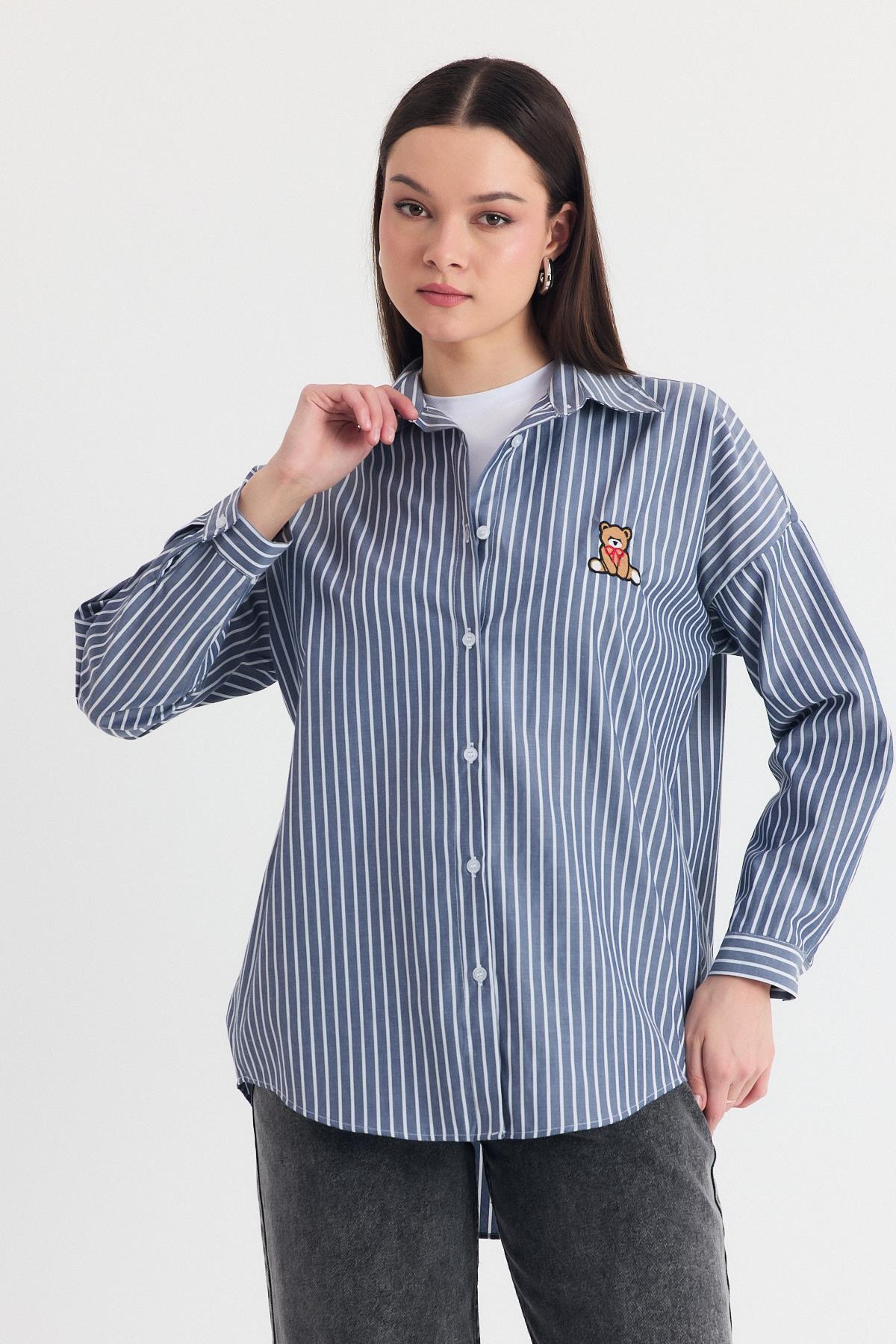 Siyah Ayıcık Nakışlı Oversize Gömlek 4689A - 9