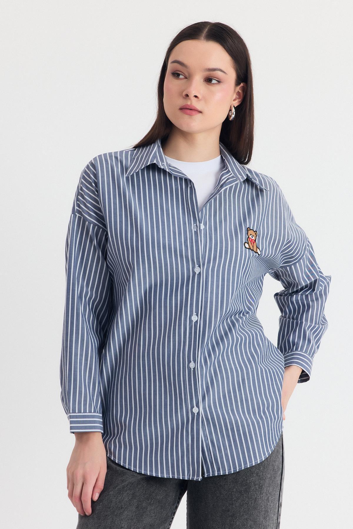 Siyah Ayıcık Nakışlı Oversize Gömlek 4689A - 1