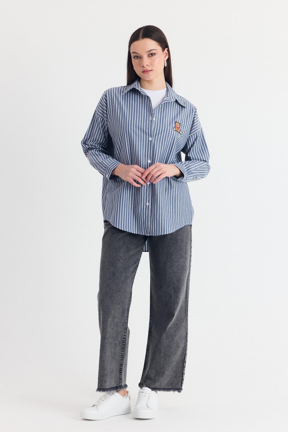 Siyah Ayıcık Nakışlı Oversize Gömlek 4689A - 3