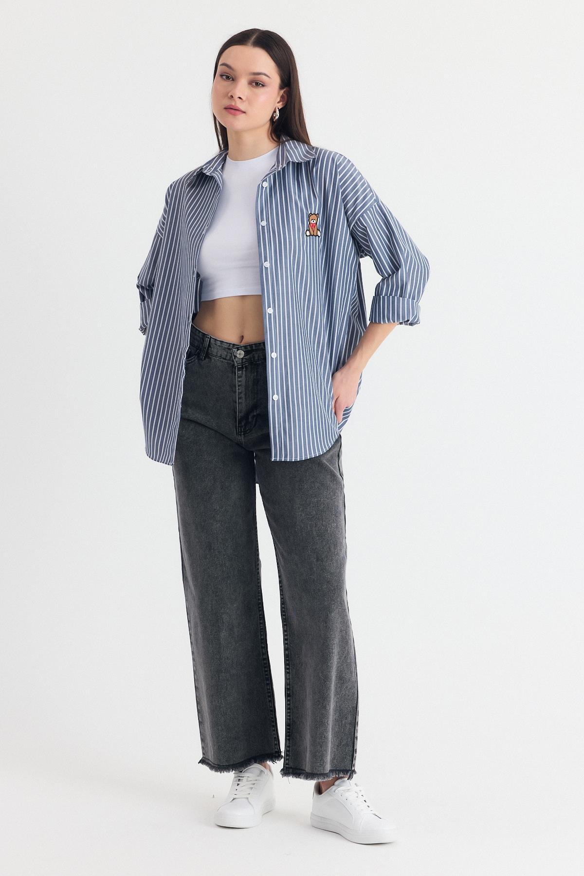 Siyah Ayıcık Nakışlı Oversize Gömlek 4689A - 7