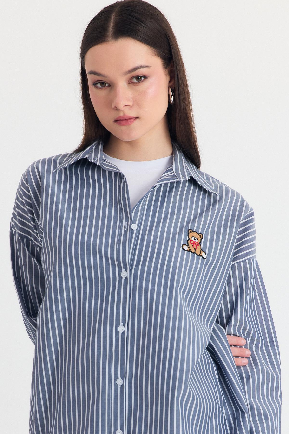 Siyah Ayıcık Nakışlı Oversize Gömlek 4689A - 8