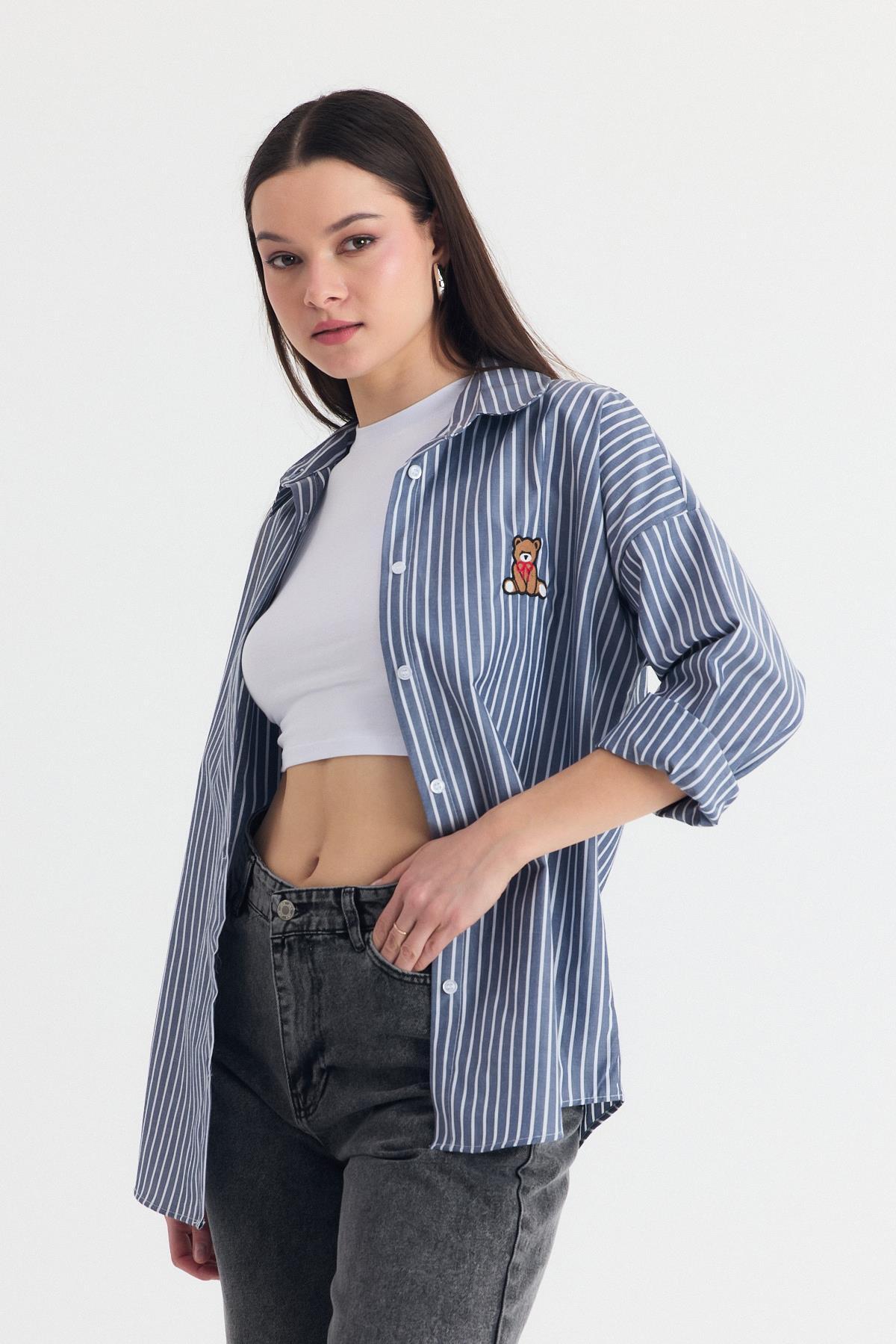 Siyah Ayıcık Nakışlı Oversize Gömlek 4689A - RAYS