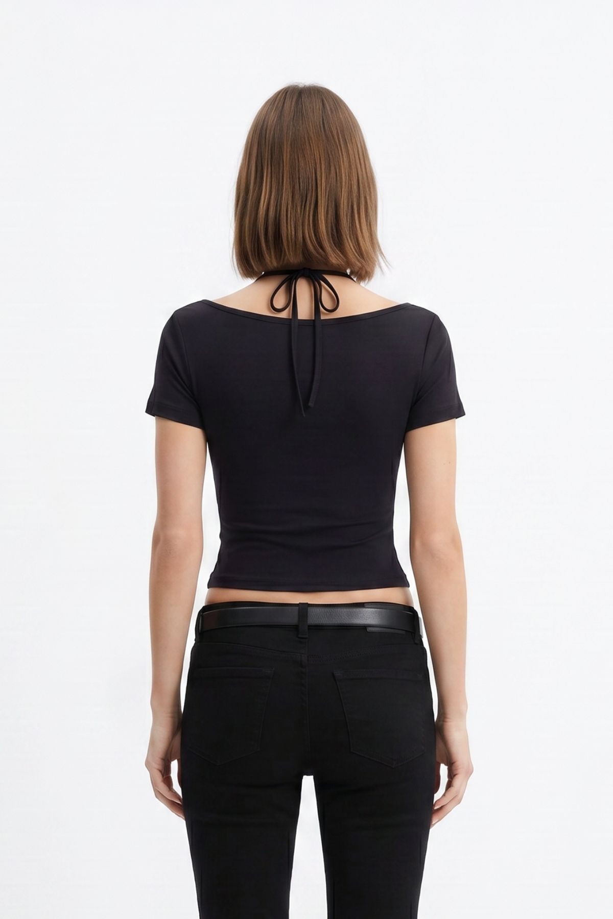 Siyah Bağlamalı Dantelli Kısa Kol Bluz 30007 - RAYS