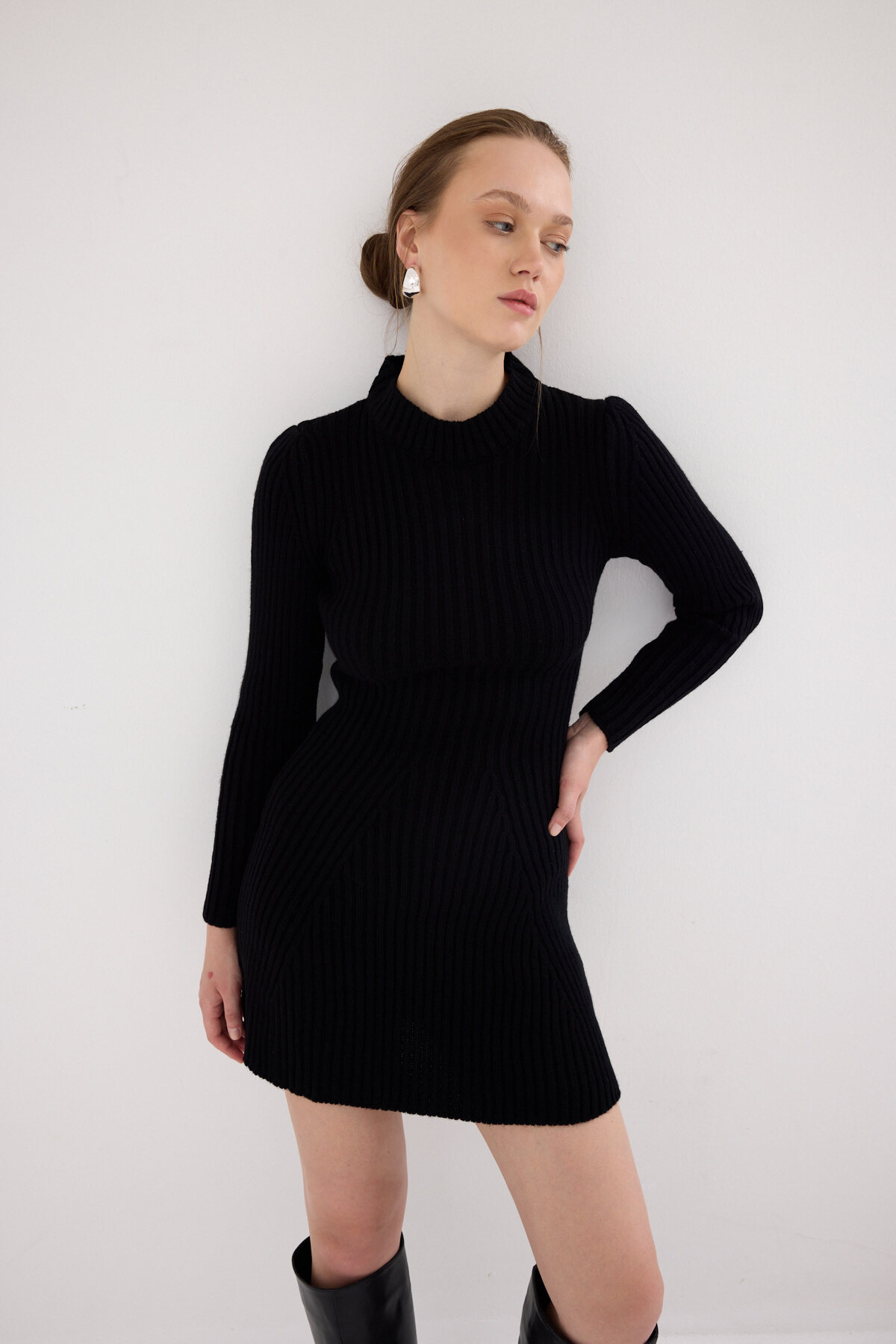 Siyah Balıkçı Yaka Triko Mini Elbise 1907 - 1