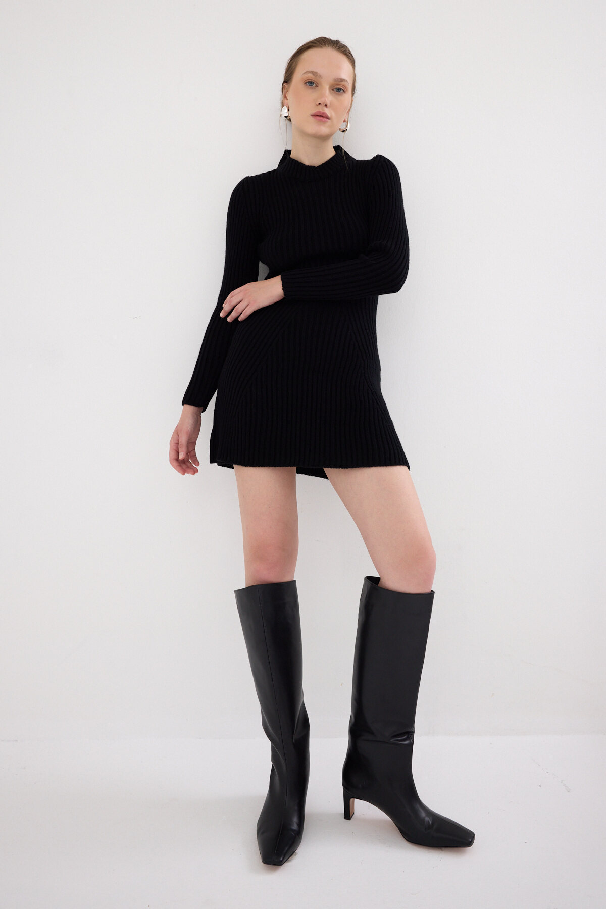 Siyah Balıkçı Yaka Triko Mini Elbise 1907 - 3