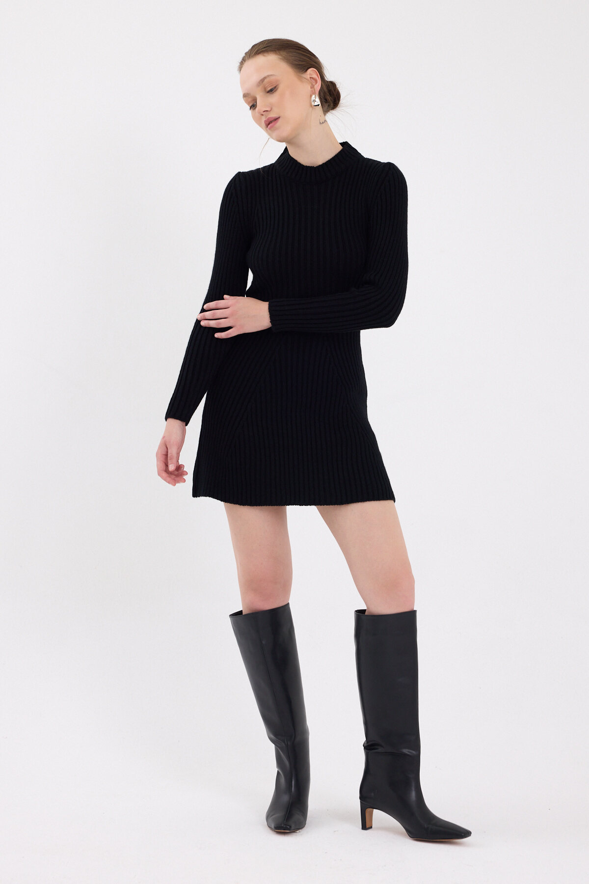 Siyah Balıkçı Yaka Triko Mini Elbise 1907 - 6